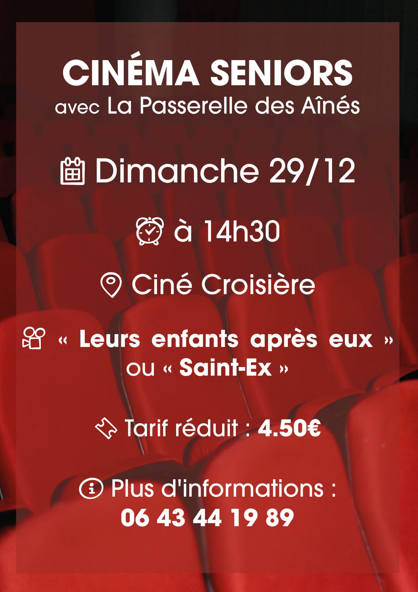 Ciné séniors avec l'association La Passerelle des Aînés le 29/12 à 14h30 au ciné La Croisère de Cerney