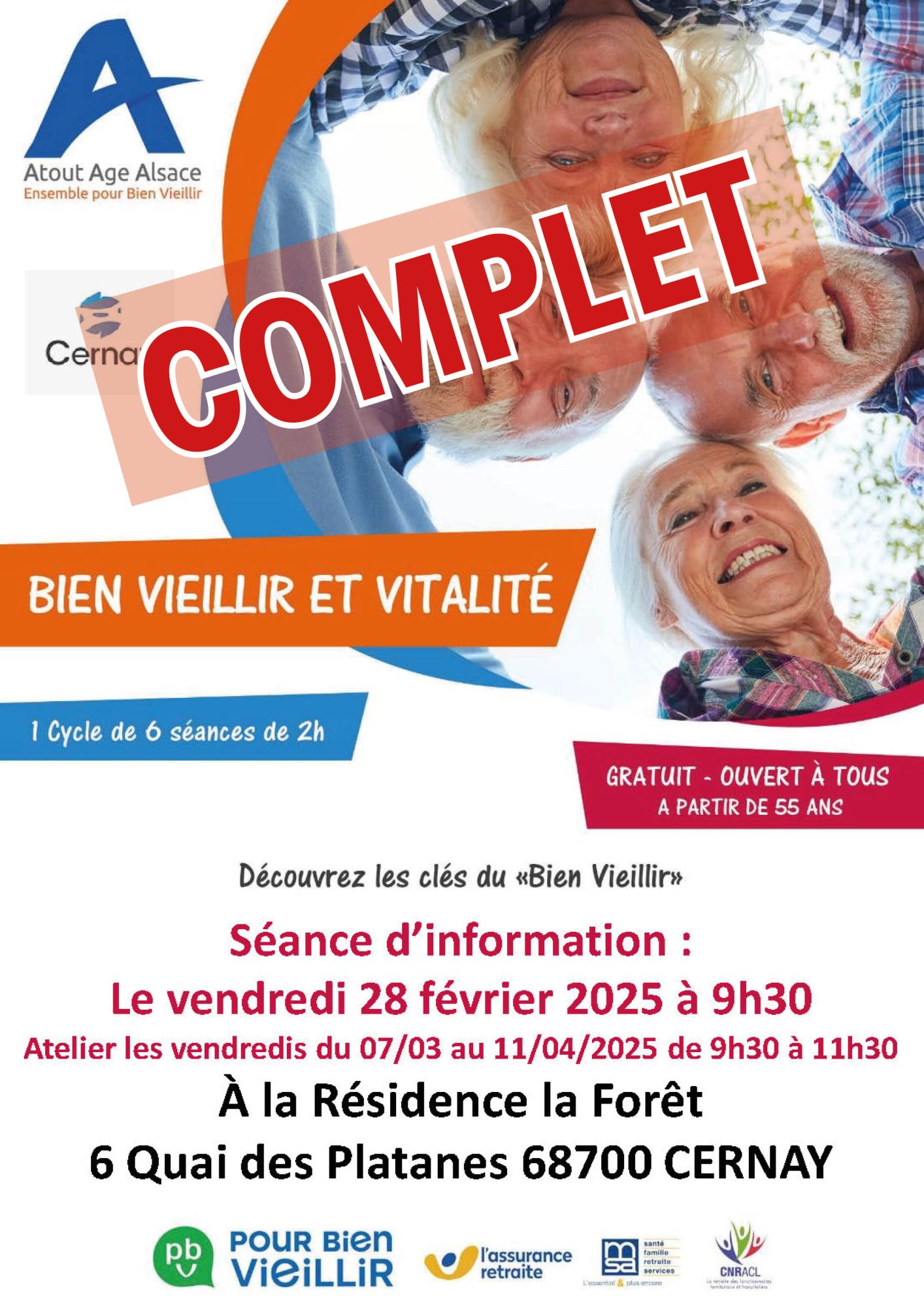 Bien vieillir et vitalité - atliers pour les plus 55 ans - Cernay - COMPLET