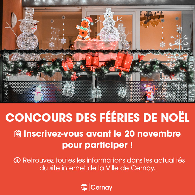 Formulaire d'inscition au concours des fééries de Noël 2026 à Cernay On y voit des décorations lumineuses de Noël sur un balcon