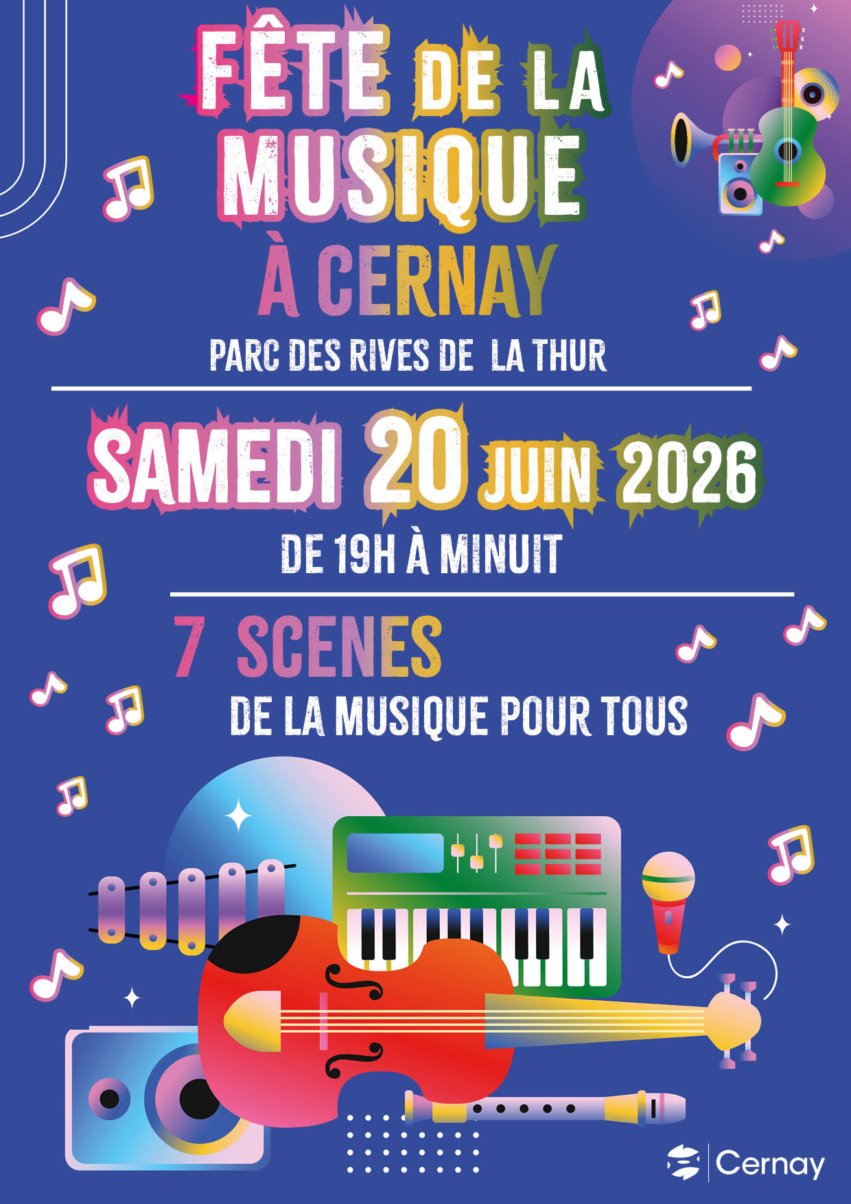 On y voit des instruments de musique, des micros et de baffles de son, ainsi que des notes de musique