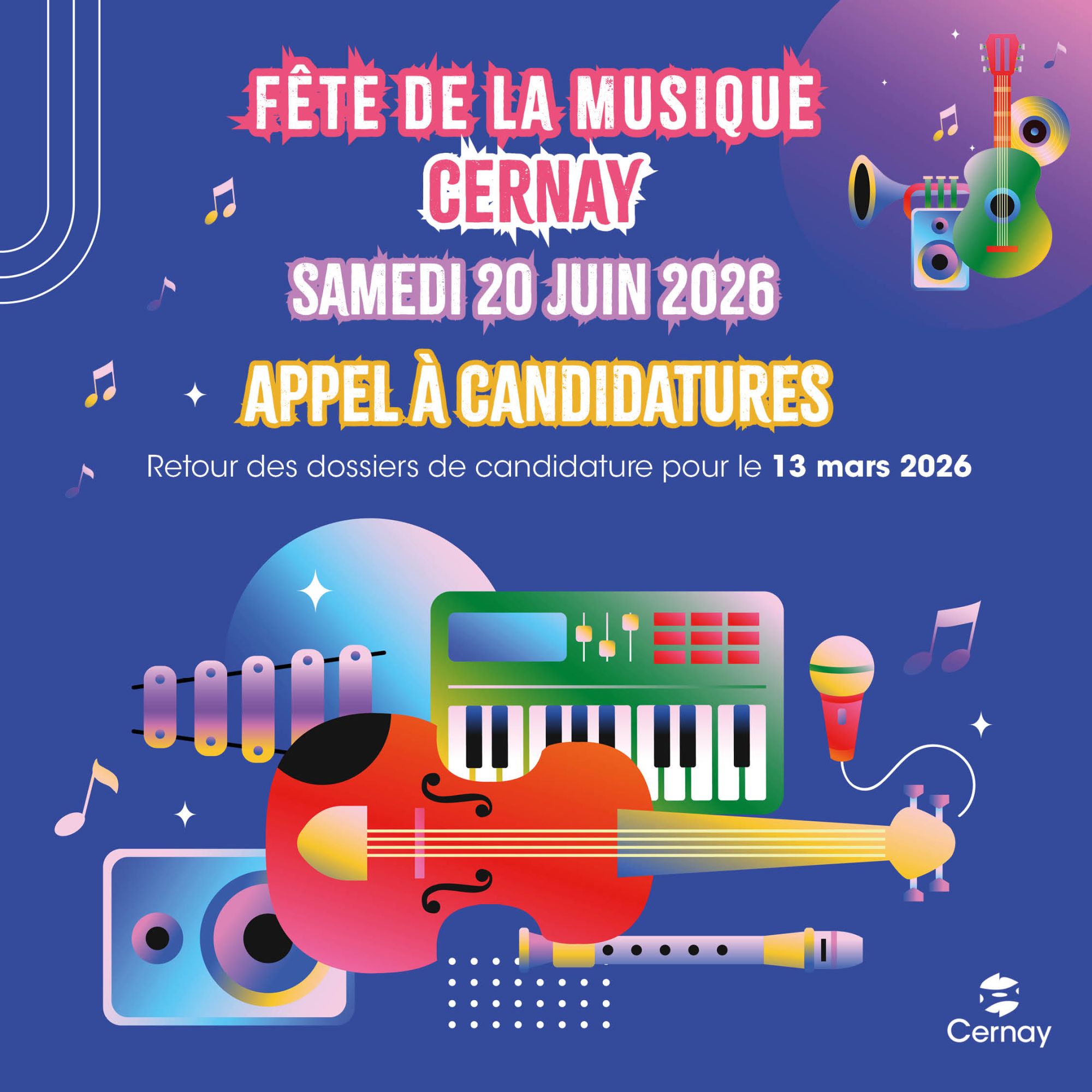 On y voit des instruments de musique, de notes de musique, des micros