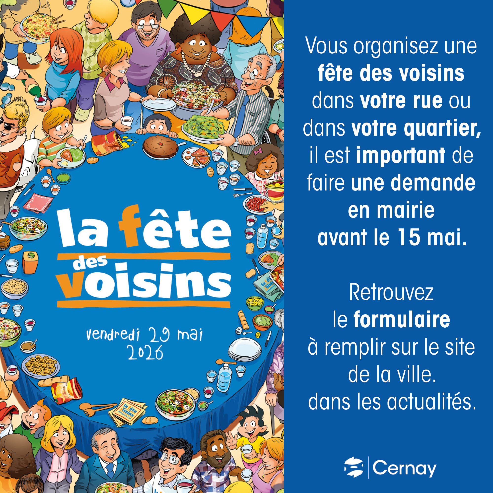 On y voit des personnes autour d'un table ronde partageant des repas dans le cadre de la F&ecirc;te des Voisins - en version BD