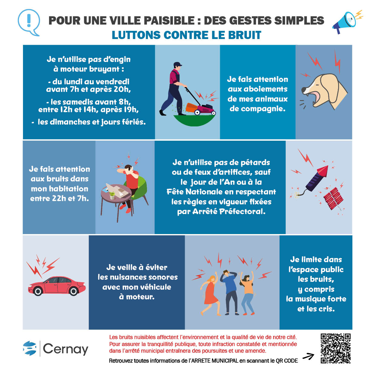 On y voit une personne qui tond une pelouse, un chien qui aboit, une personne qui se bouche les oreilles, des pétards qui explosent, une voiture qui fait du bruit et des personnes qui crient
