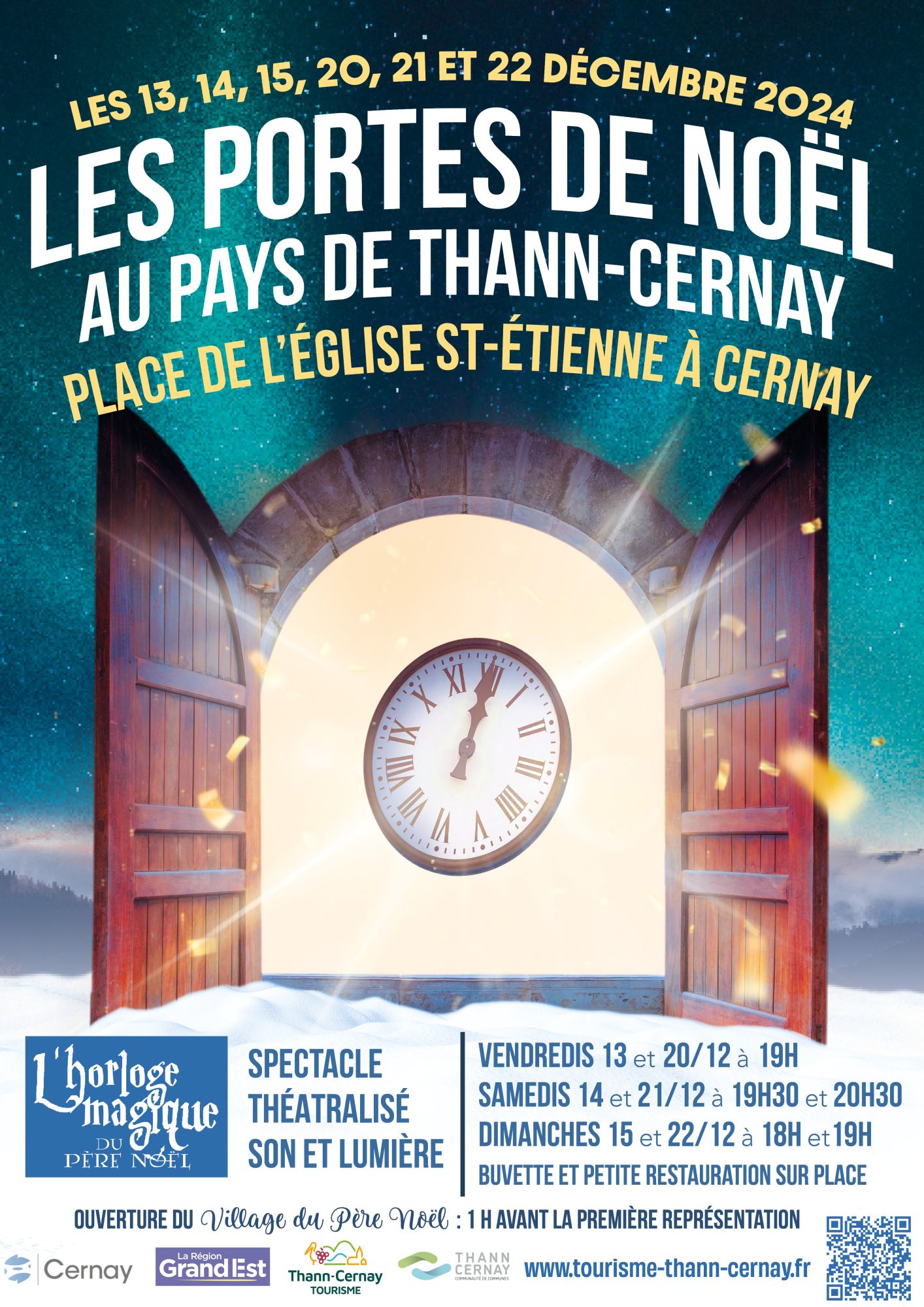 affiche spectacles de Noël de Cernay les 13,14,15, 20,21 et 22/12 place de l'église St Etienne