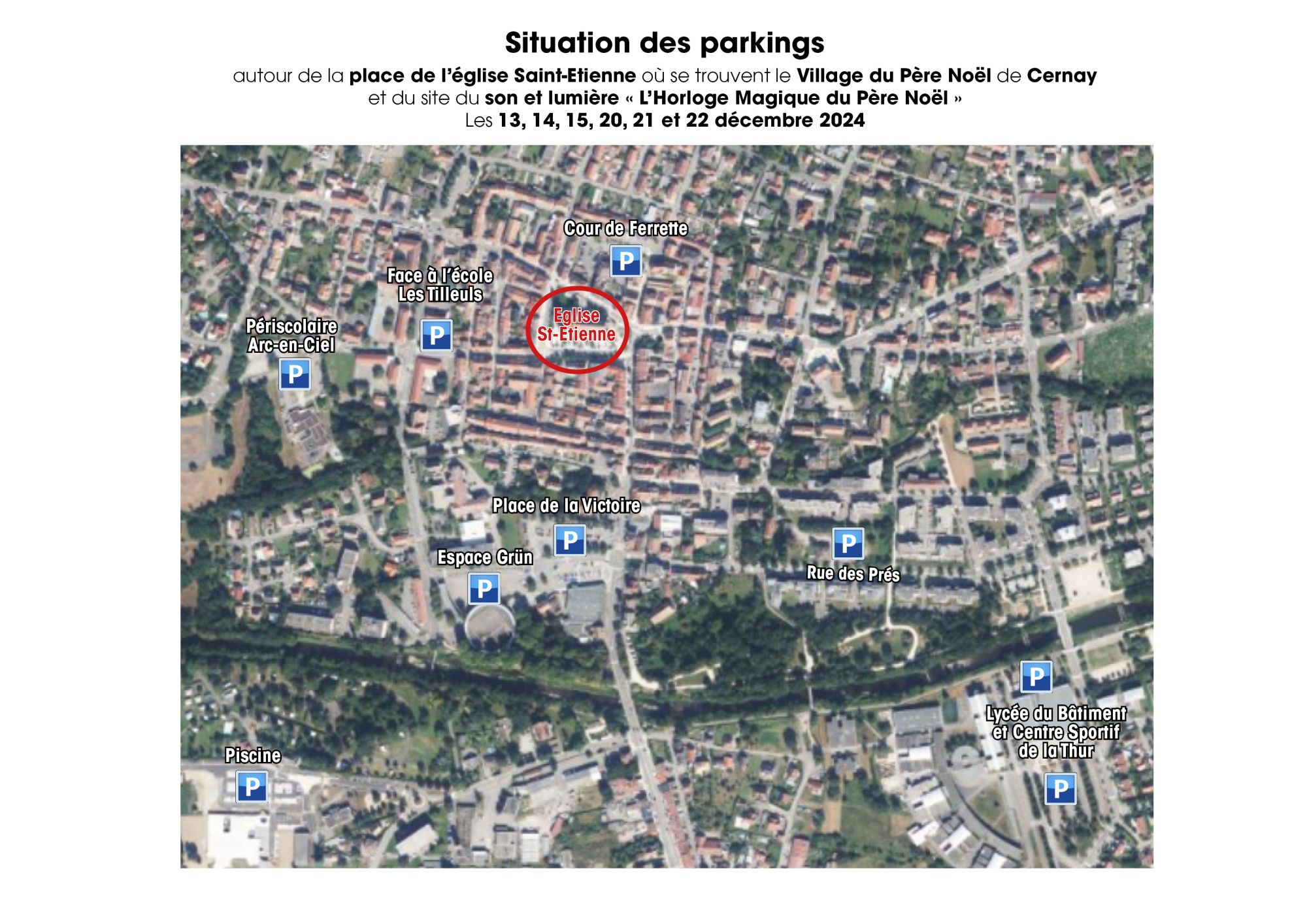 Plan pour se stationner autour de l'église St Etienne durant les festivités de Noël à Cernay