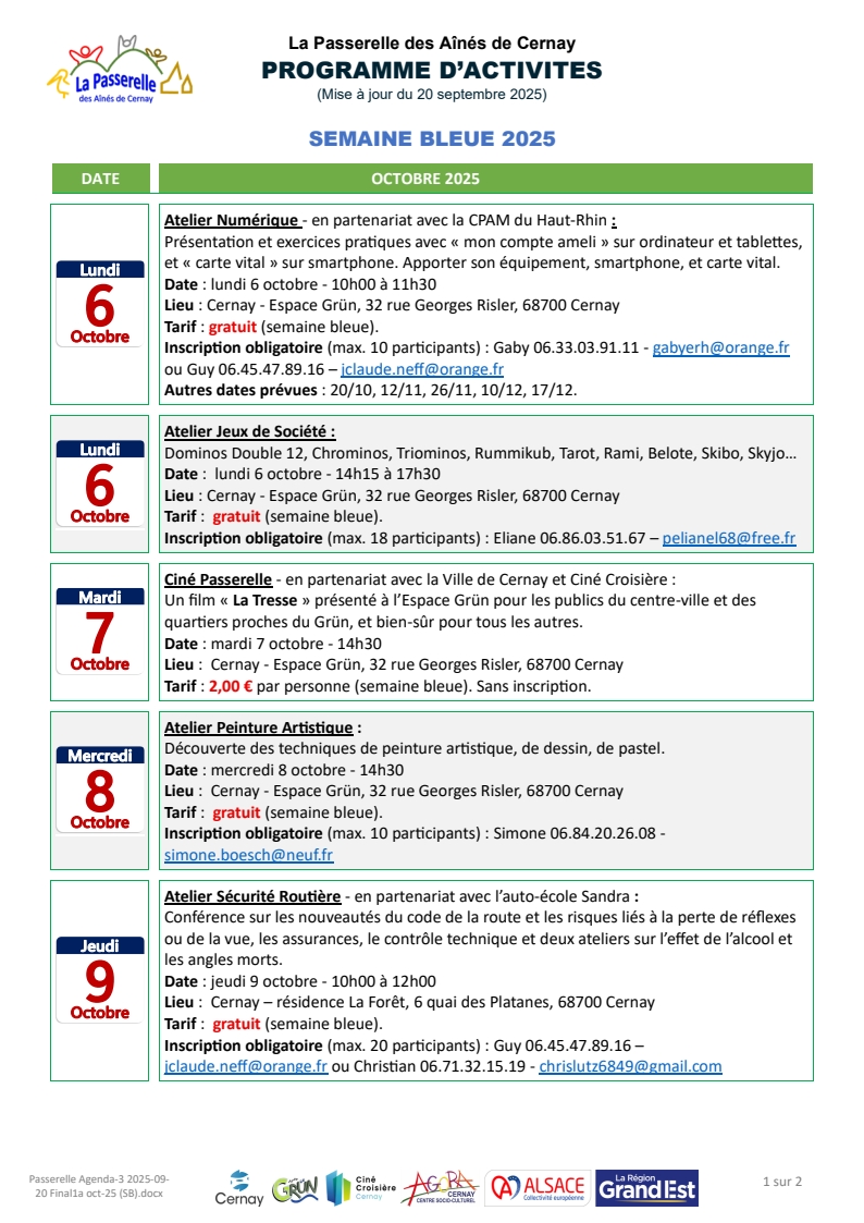 Programme de la Semaine Bleue 2025 organisée par la Passerelle des Aînés