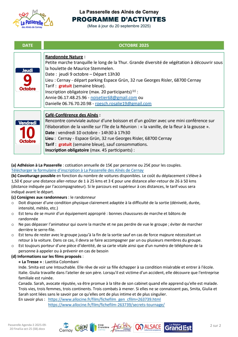 Programme de la Semaine Bleue 2025 organisée par la Passerelle des Aînés