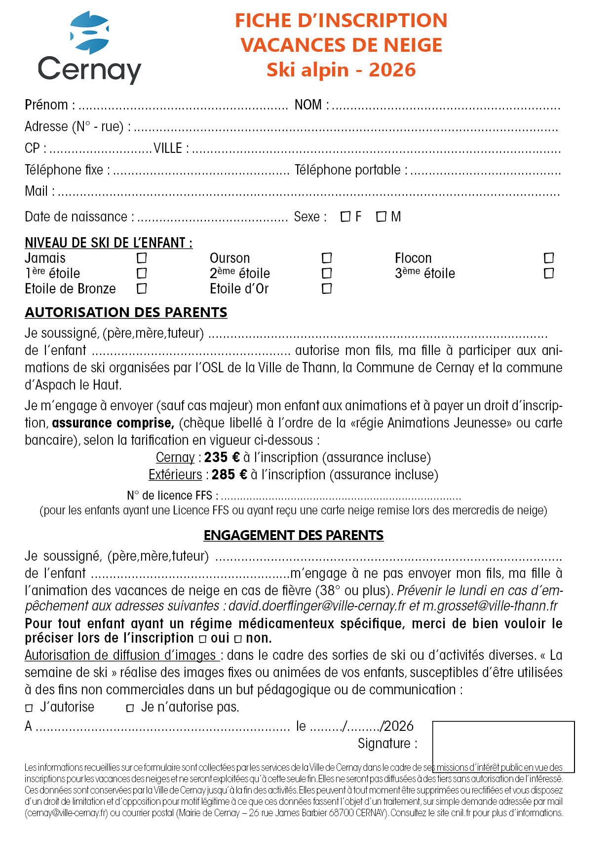 semaine de ski du 16 au 20-02-26 pour les 6-13 ans avec la ville de Cernay