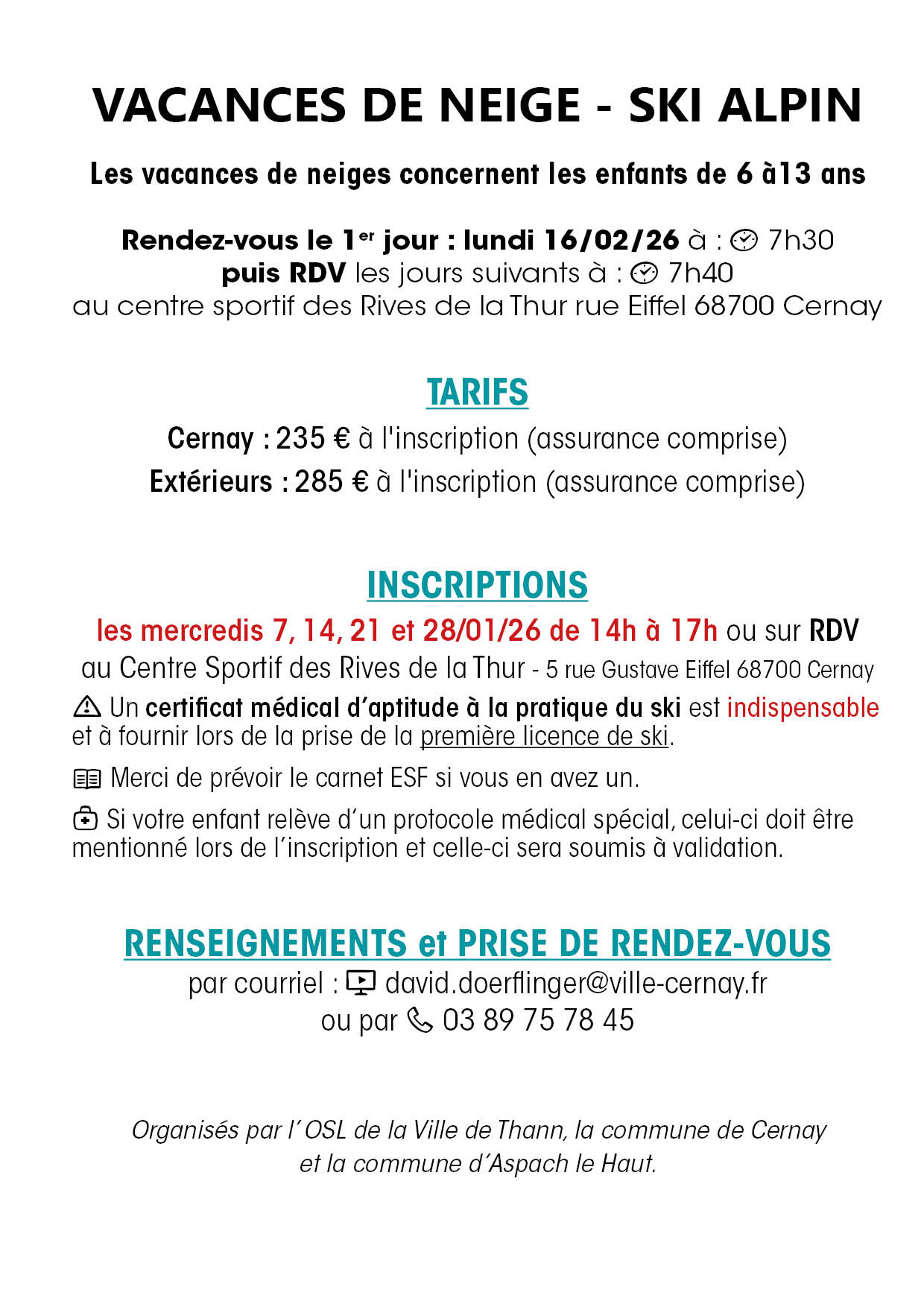 semaine de ski du 16 au 20-02-26 pour les 6-13 ans avec la ville de Cernay