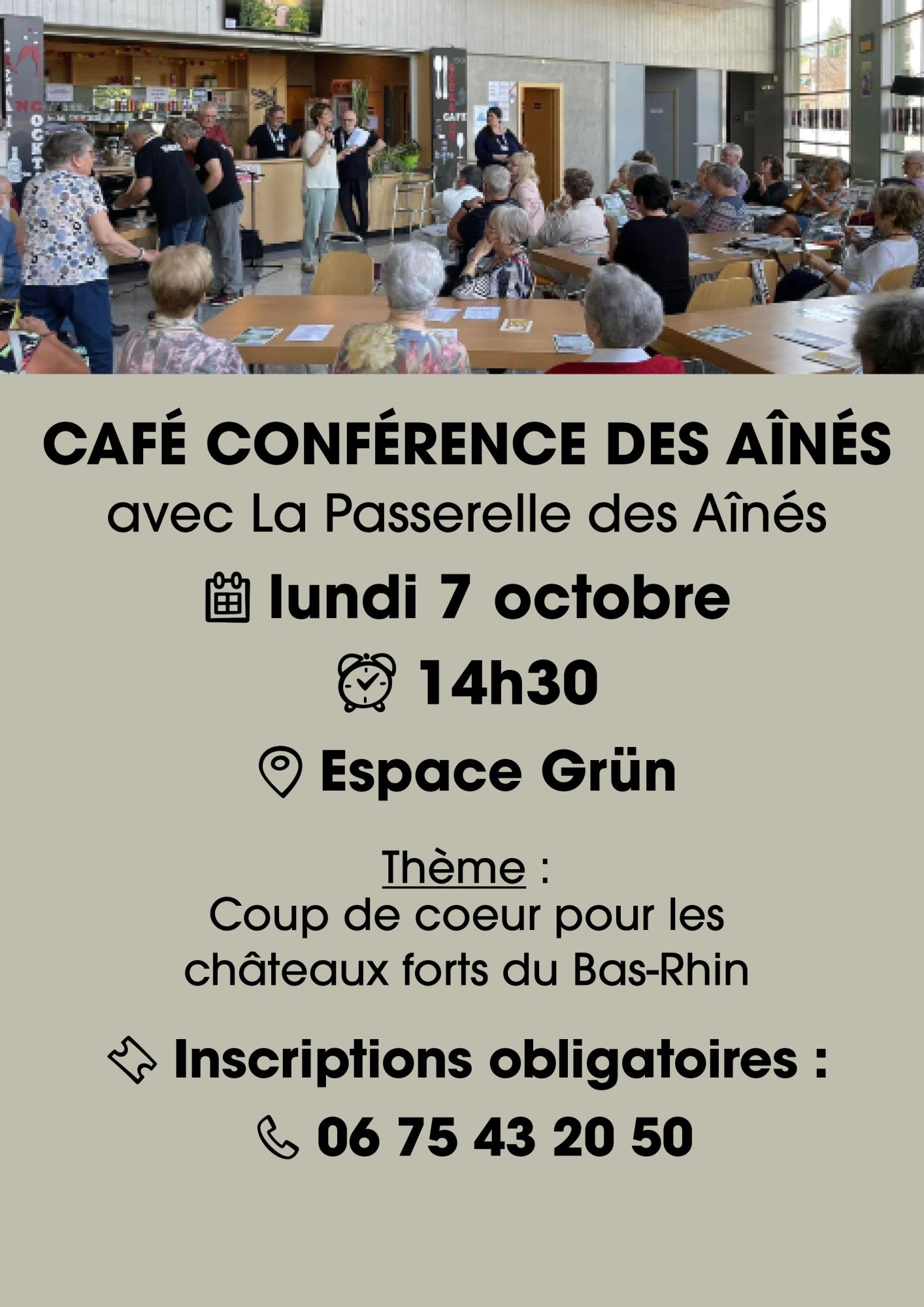 Affiche café conférence des aînés le 7/10/2024 à l'Espzce Grün