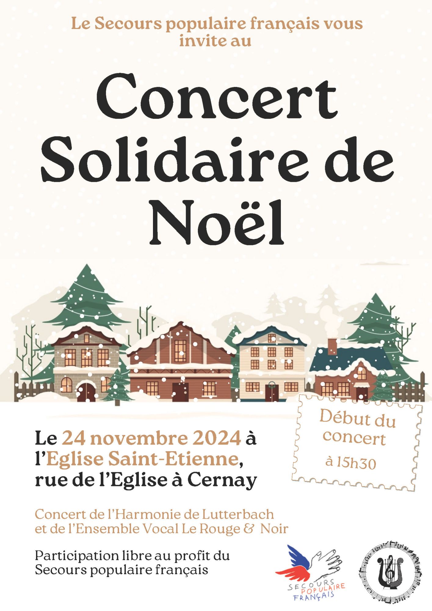 Affiche concert solidaire le 24-11-24 à l'église St Etienne de Cernay au profit du secours Populaire