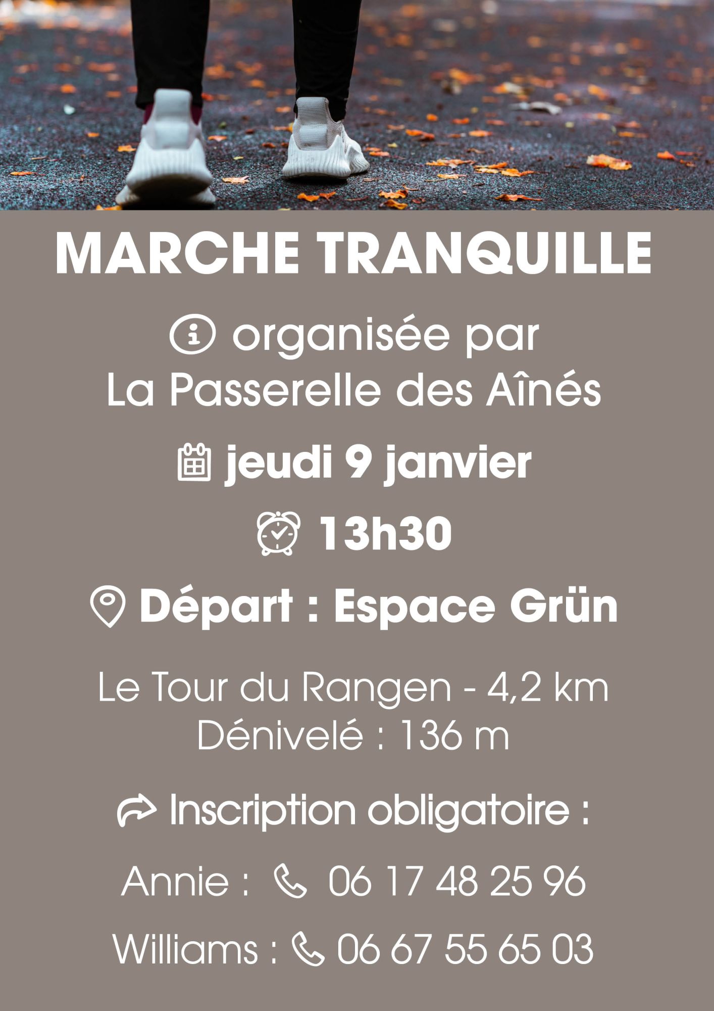 Marche tranquille avec la Passerelle des Aînés le 09/01/25 départ à 13h30 place de l'Espace Grün