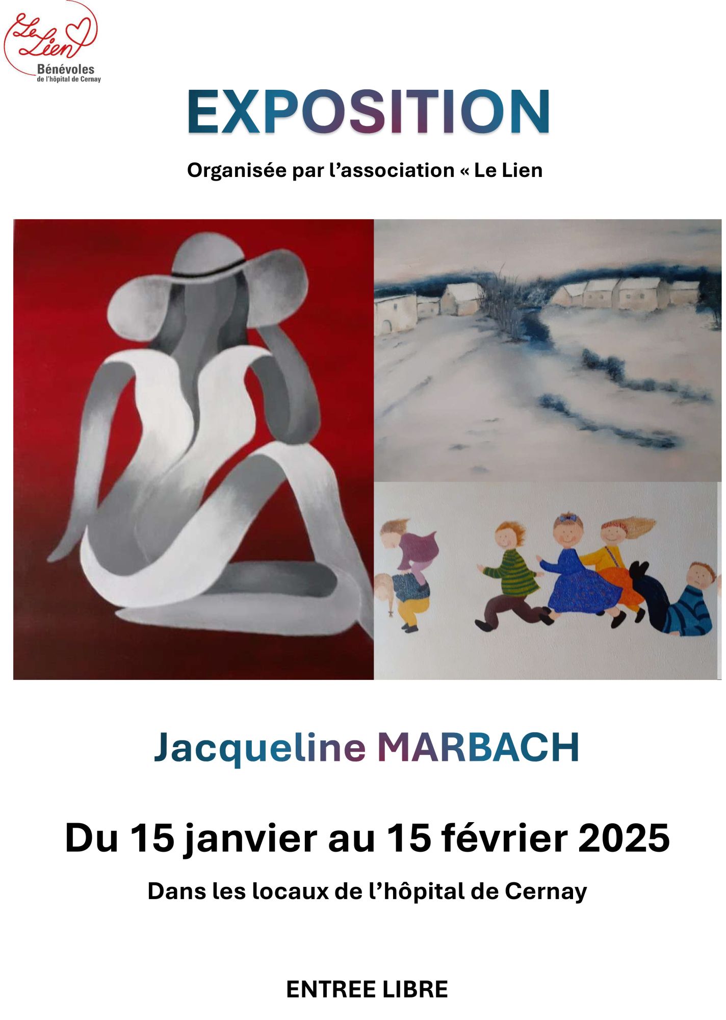 Affiche exposition de peinture Jacqueline MARBACH du 15/01 au 15/02 à l'hôpital de Cernay