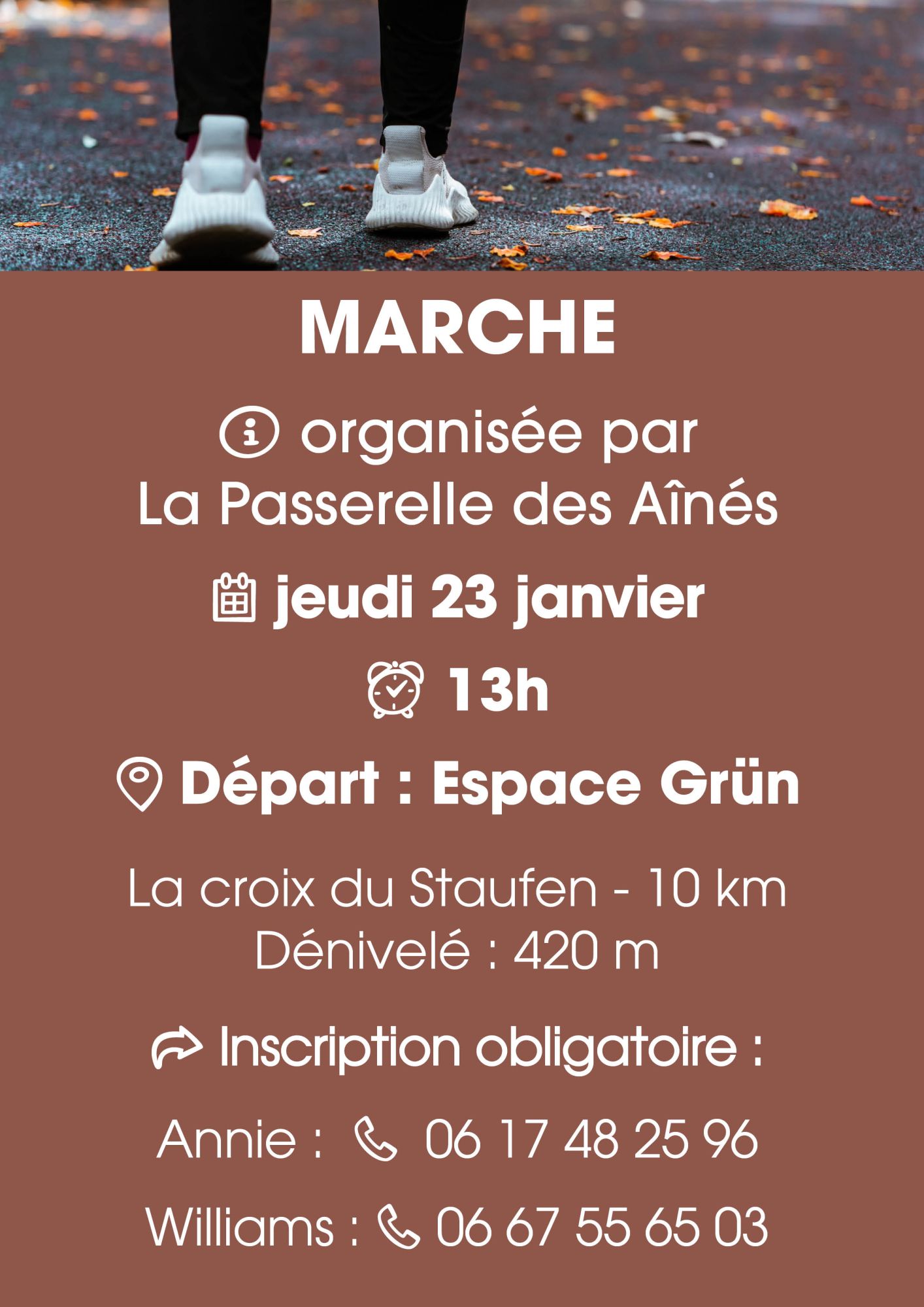 Marche avec la Passerelle des Aînés le 23/01/25 départ à 13h place de l'Espace Grün