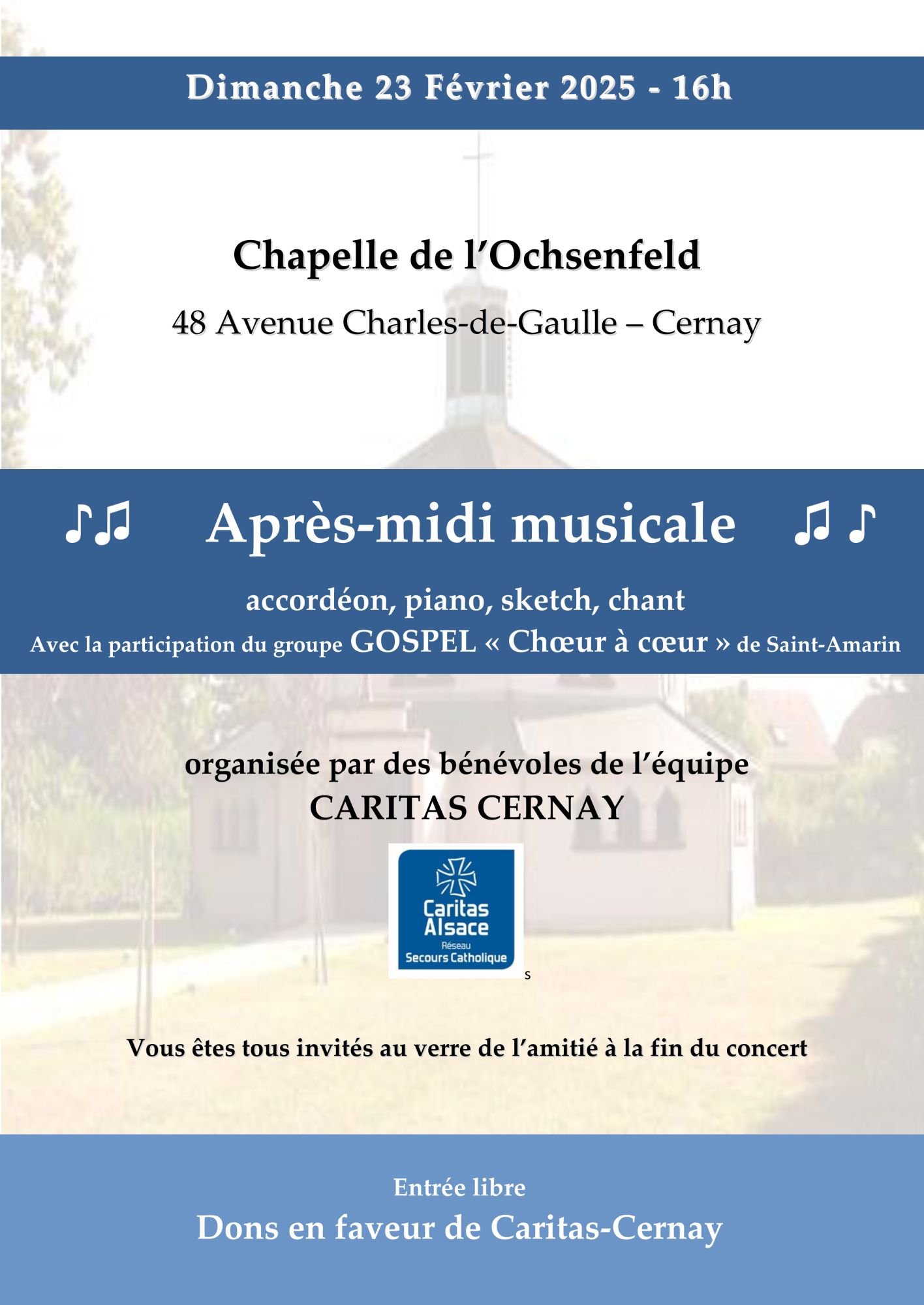 affiche concert on aperçoit la chapelle de l'Ochsenfeld de Cernay