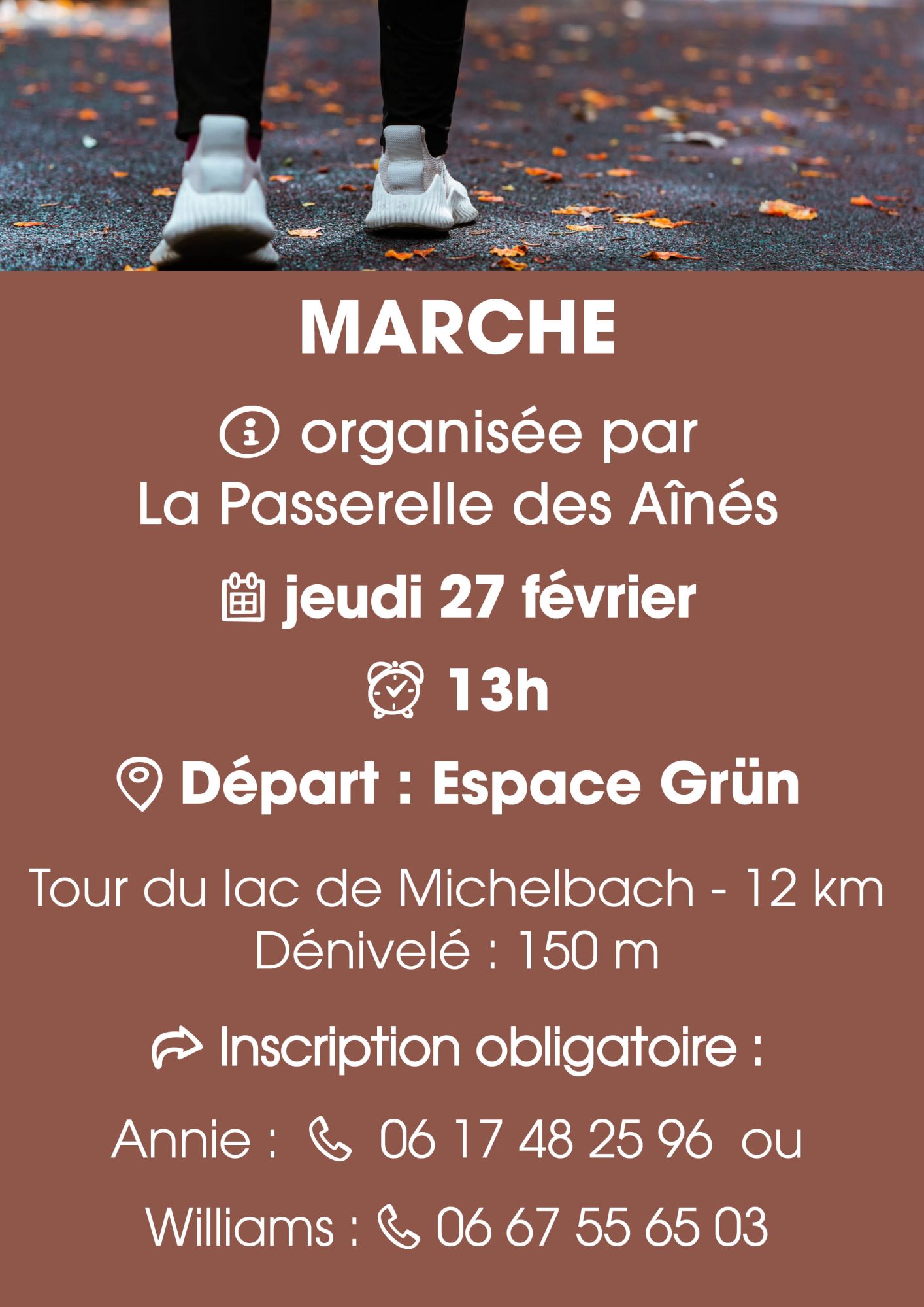 Marche avec la Passerelle des Aînés le 27/02/25 départ à 13h place de l'Espace Grün