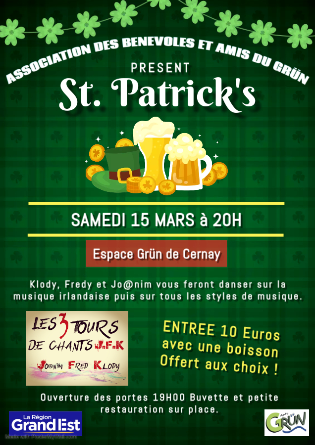 Sur la affiche se trouvent une guirlande de trèfles à 4 feuilles, un chapeau irlandais, des pièces et 2 verres de bière