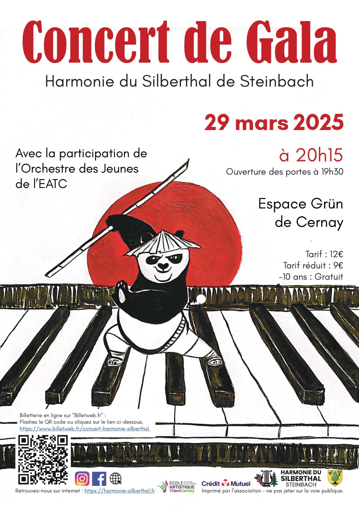 Sur l'affiche on y voit un panda avec un bâton de bambou entre les mains en version karaté sur les touche d'un piano géant, en fond il y a un soleil rouge 