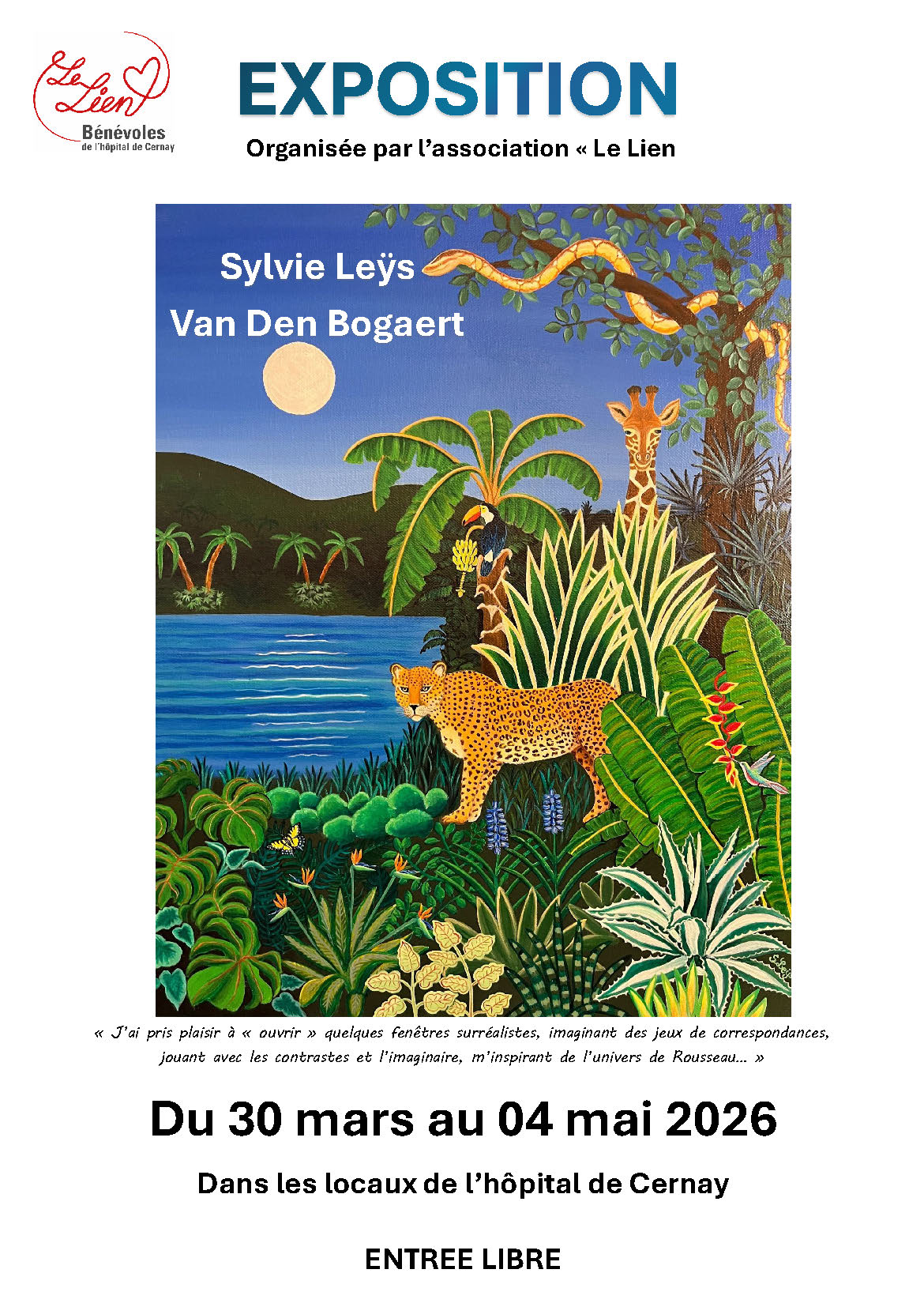 On y voit un tableau de l'artiste Sylvie Le&yuml;s Van Den Bogaert avec un fleuve une for&ecirc;t tropicale avec des palmiers, des fleurs et des plantes, il y des an,imaux : une girafe, un serpent, un toucan, une pant&egrave;re, un colibri