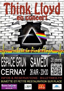 Affiche du groupe Think Kloyd on y voir un mur avec un trou, une pyramide et un arc en ciel