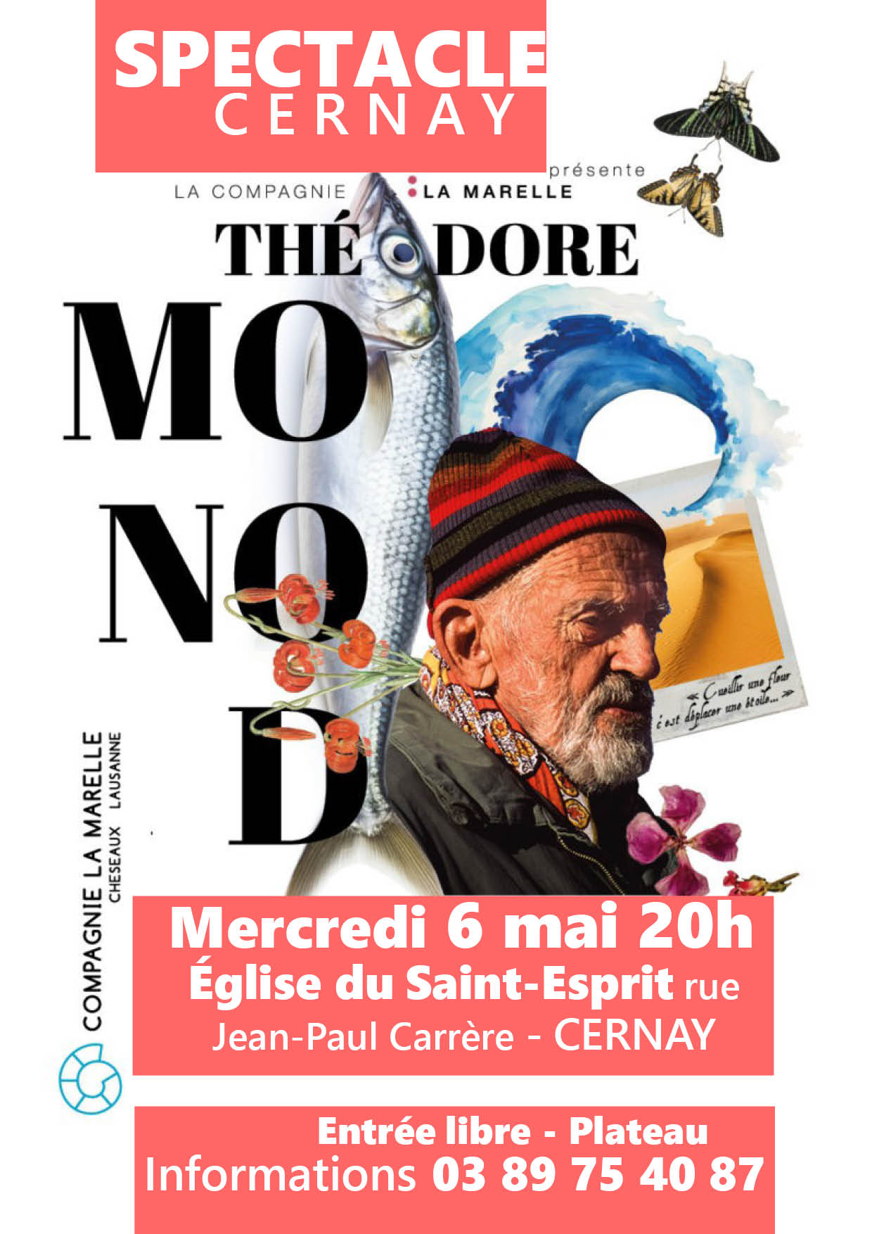 On y voit une vague, le d&eacute;sert, des papillons, un poisson, des fleurs et Th&eacute;odore Monod