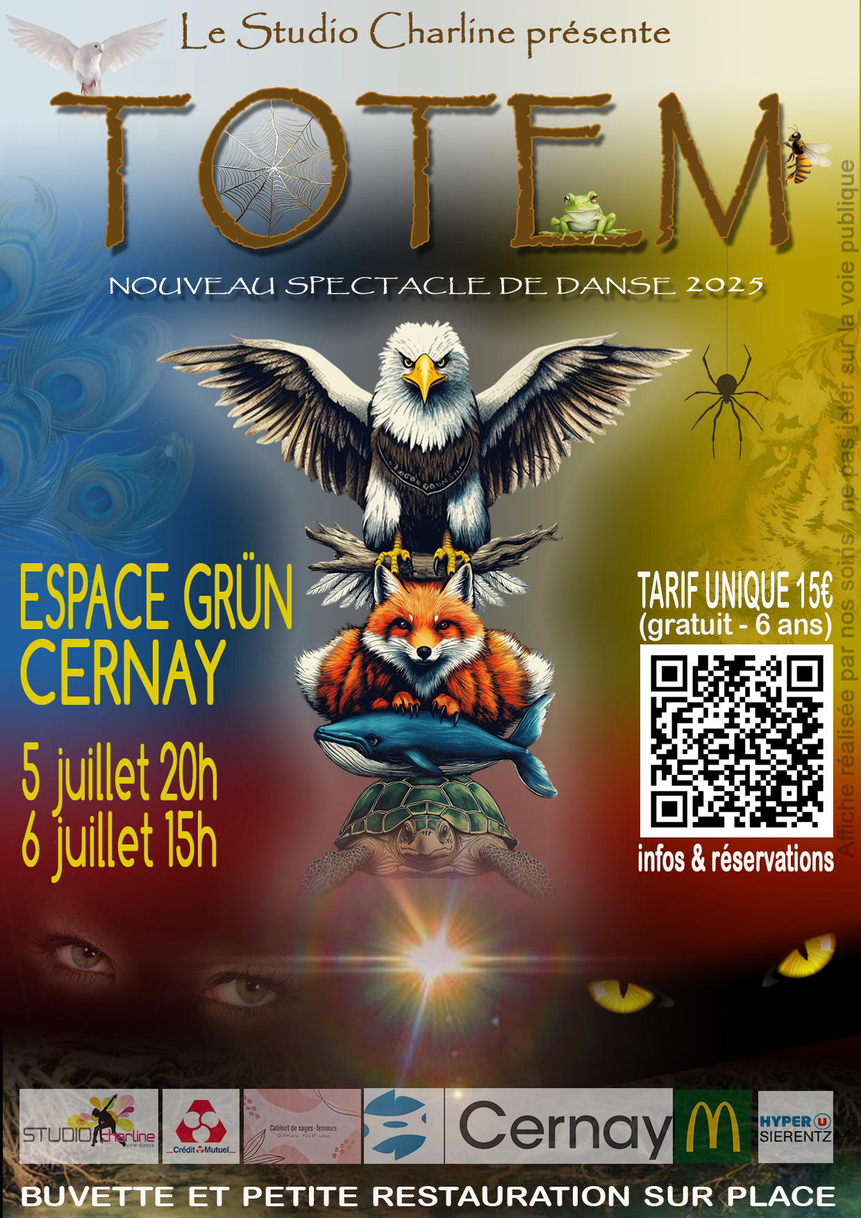 Spectacle de danse TOTEM espace Grün de Cernay les 5 et 6 juillet 2025 On y voit des animaux l'un en dessous de l'autre comme un totem, il y a un colombe, un aigle, un renard, une tortue, une airaignée