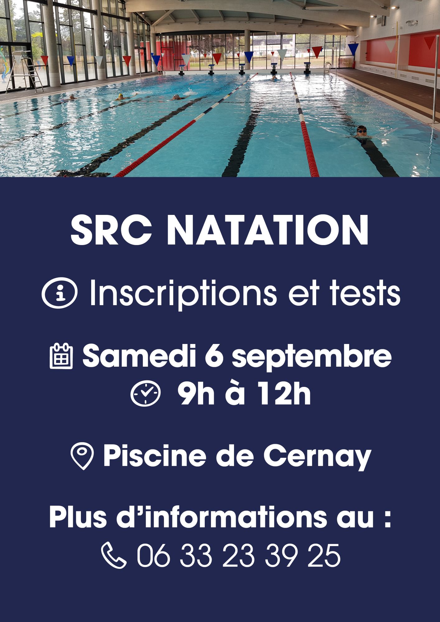 On y voit le bassin de la piscine de Cernay avec des nageurs.
