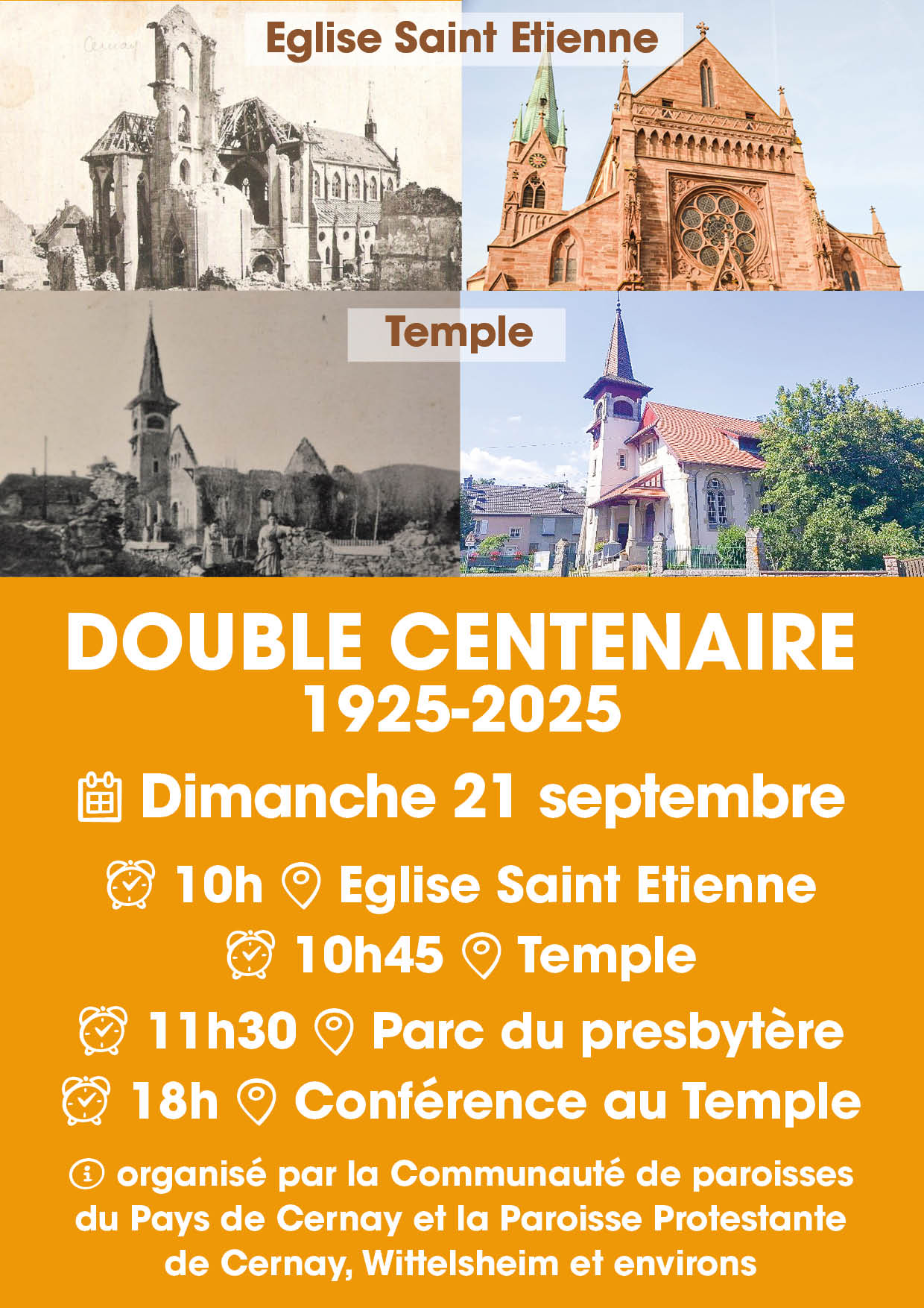 On y voit l'église Saint Etienne détruite en 1925 et l'église Saint Etienne aujourd'hui, on y voit également le temple détruit et le temple aujourd'hui