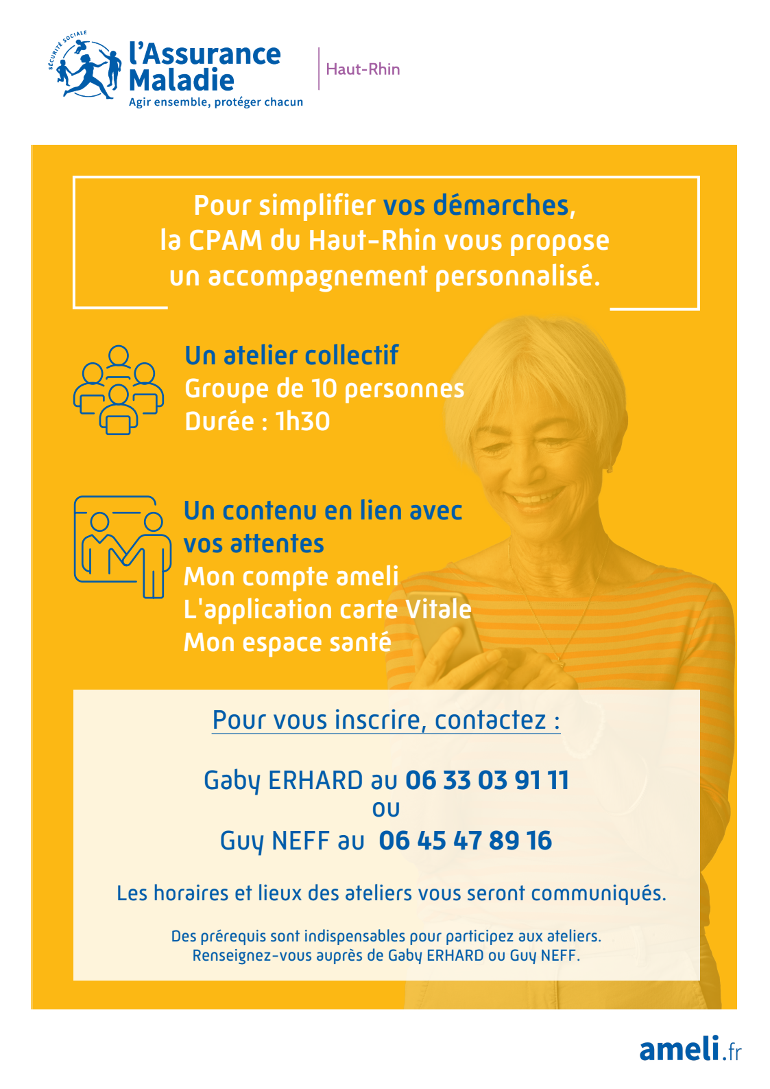On y voit une senior avec un smatphone entre les mains