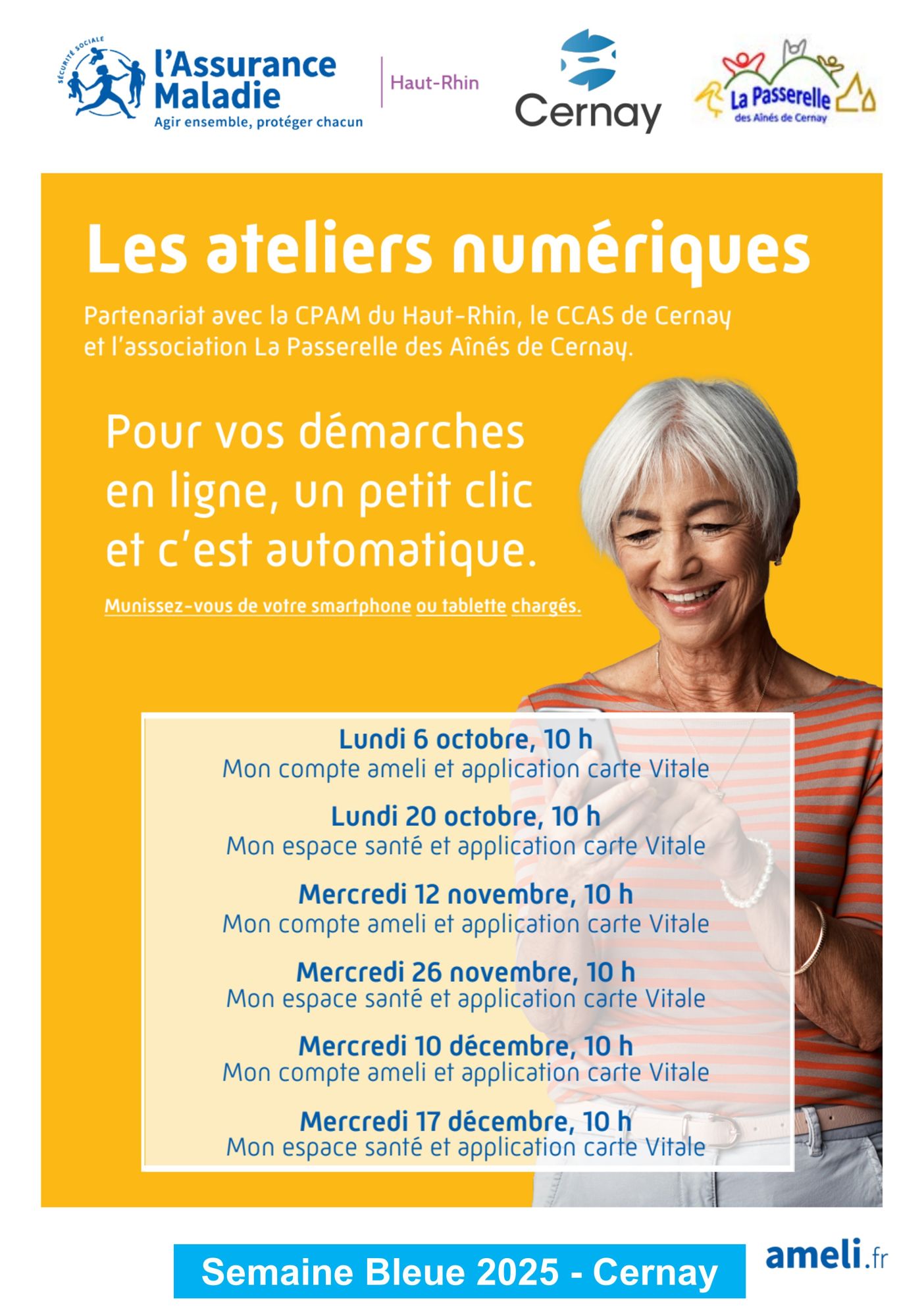 On y voit une senior avec un smatphone entre les mains