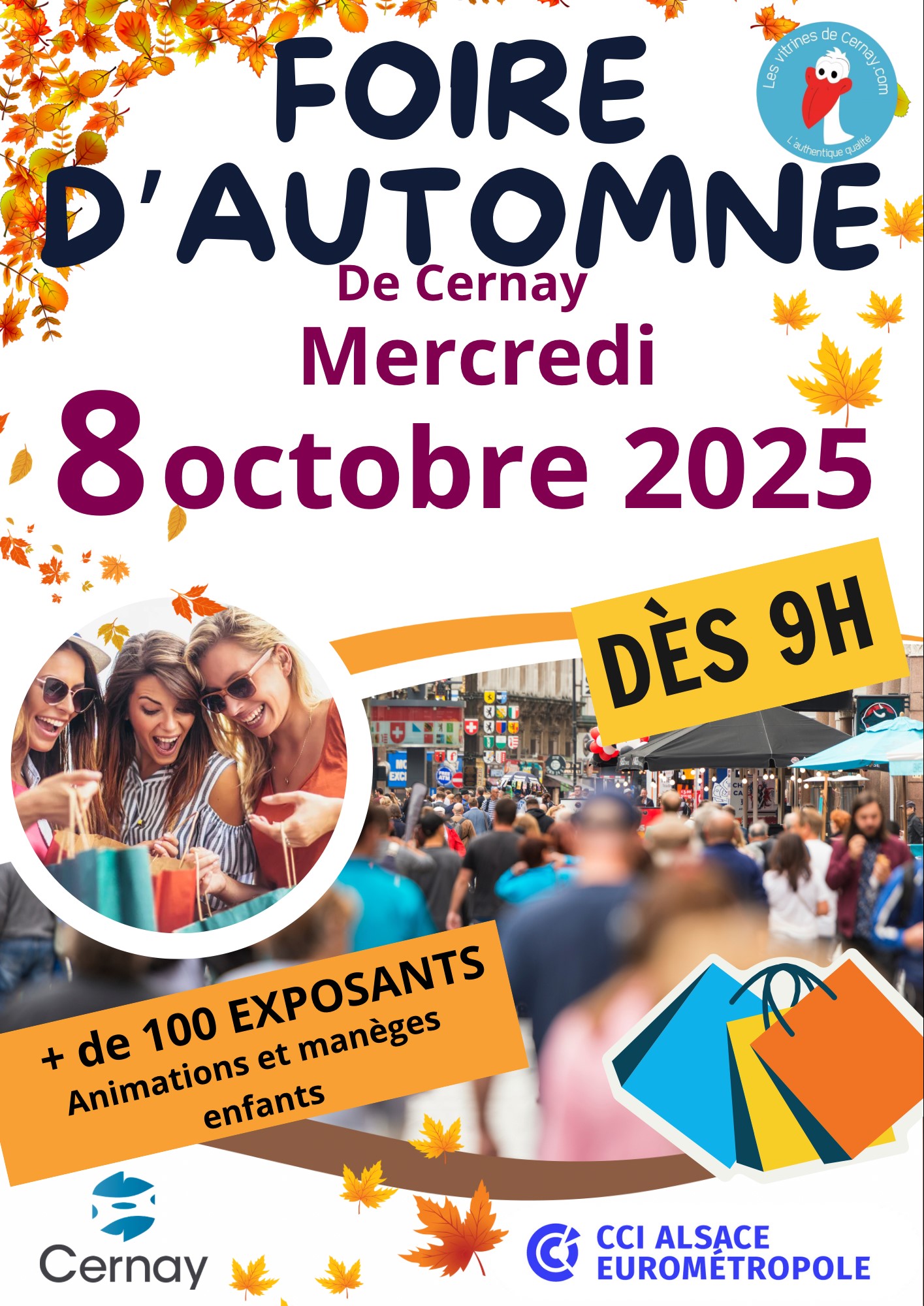 On y voit des feuilles d'automne, une rue avec des stands et des visiteurs
