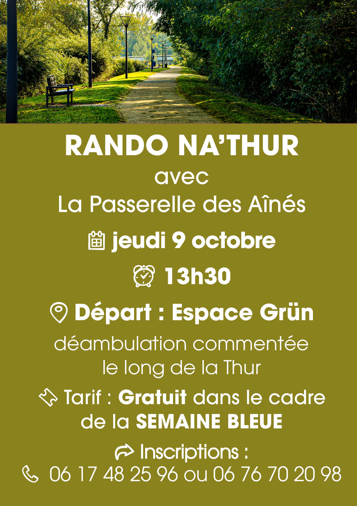 On y voit un chemin du parc des rives de la Thur, avec un banc et une nasse
