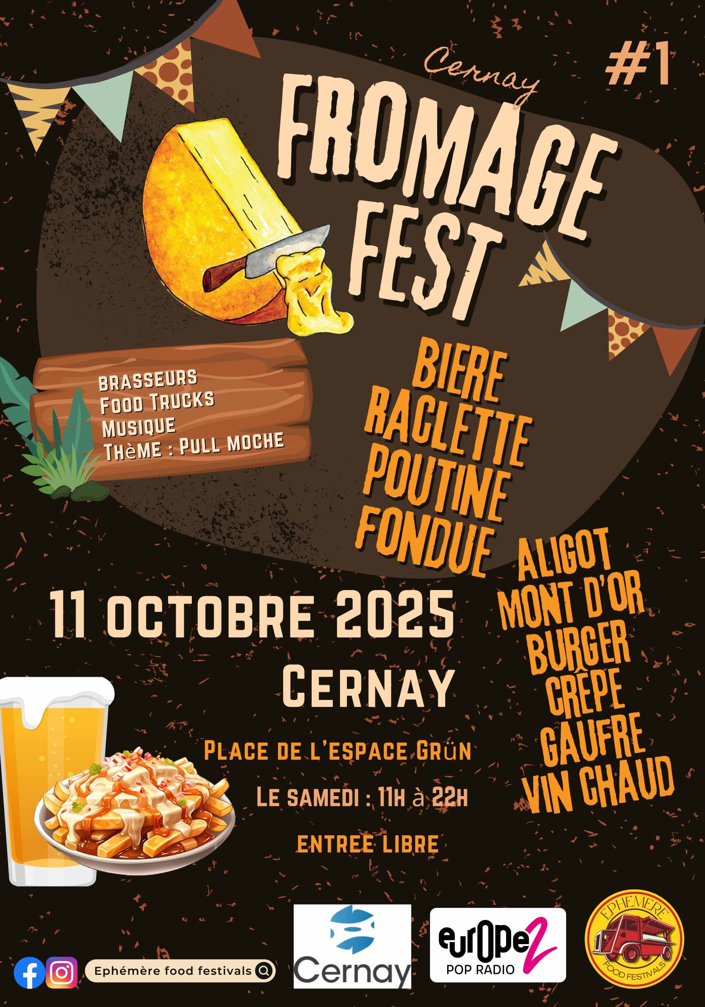 On y voit du fromage fondu, ainsi qu'une assiette de fromage et un verre de bière