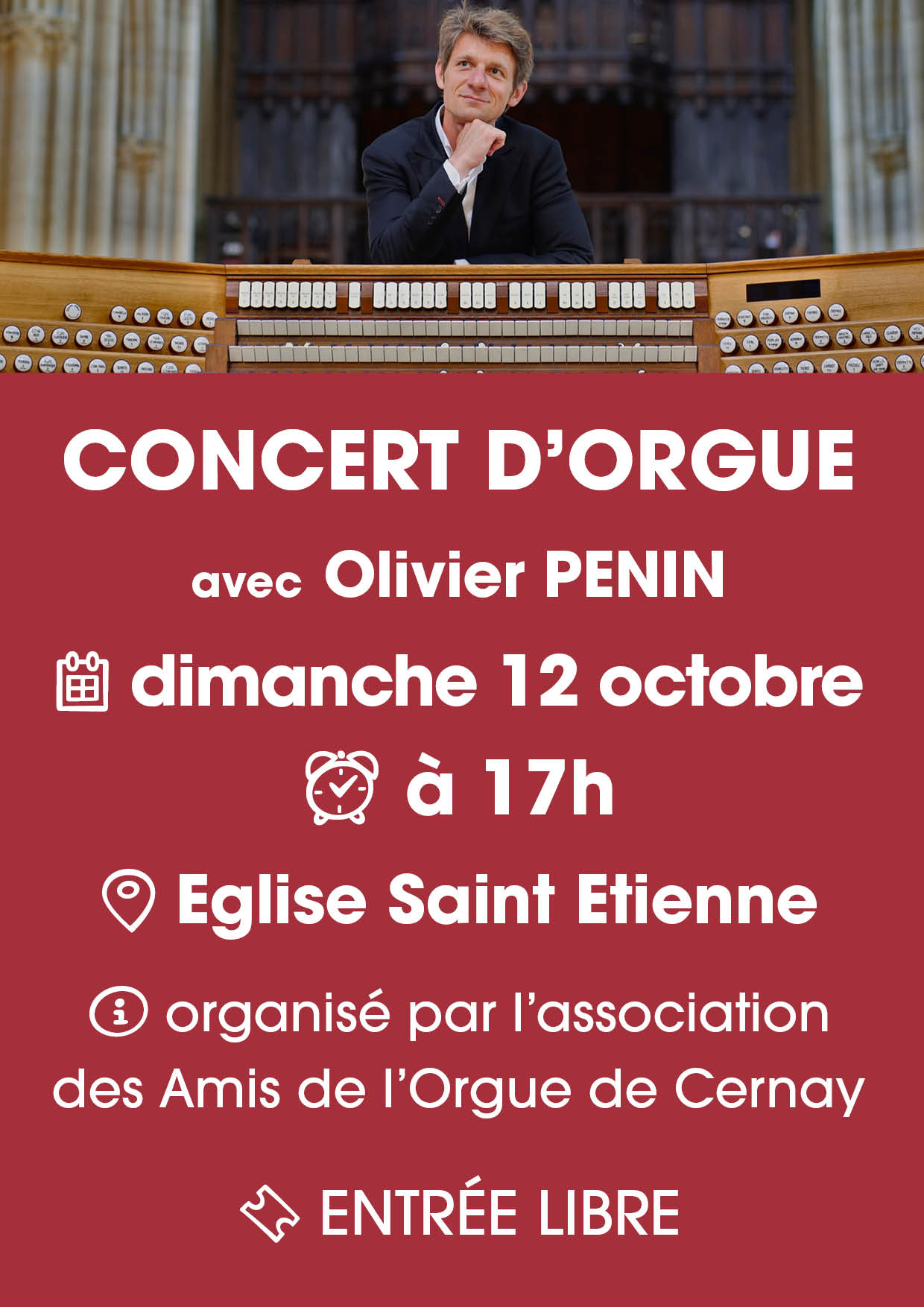 On y voit l'artiste Olivier Penin devant le clavier d'un orgue dans une église.