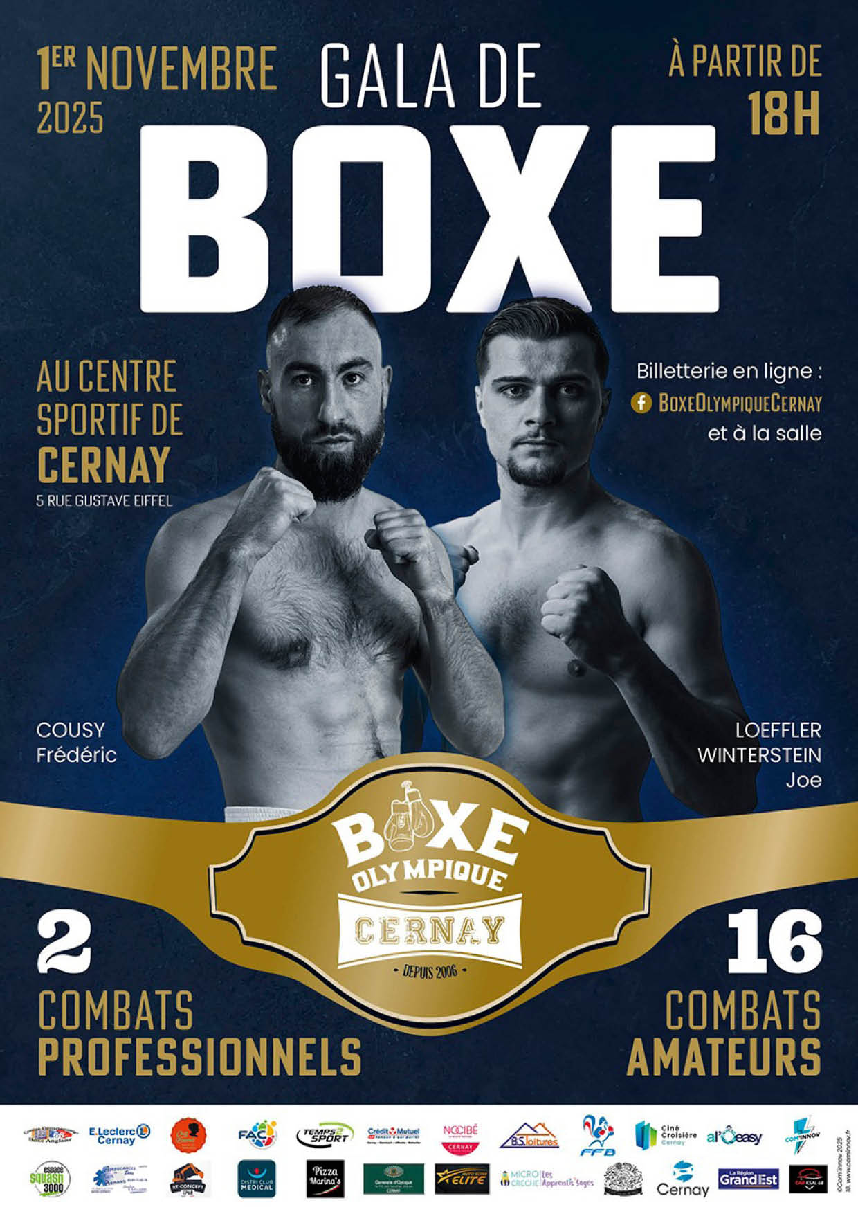 Gala de boxe le 01/11/2025 au centre sportif des rives de la Thur à partir de 18h On y voit deux boxeurs les poings fermés.