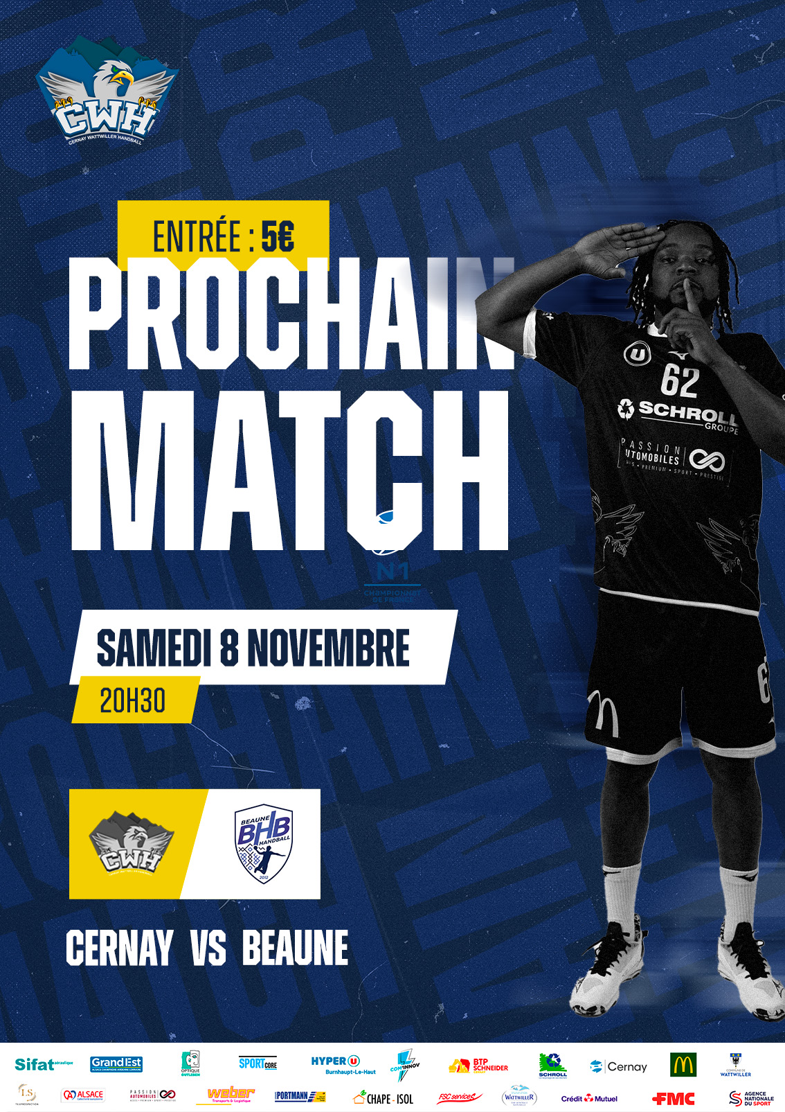 On y voit un jour de handball au garde à vous et avec un  doigts sur la bouche