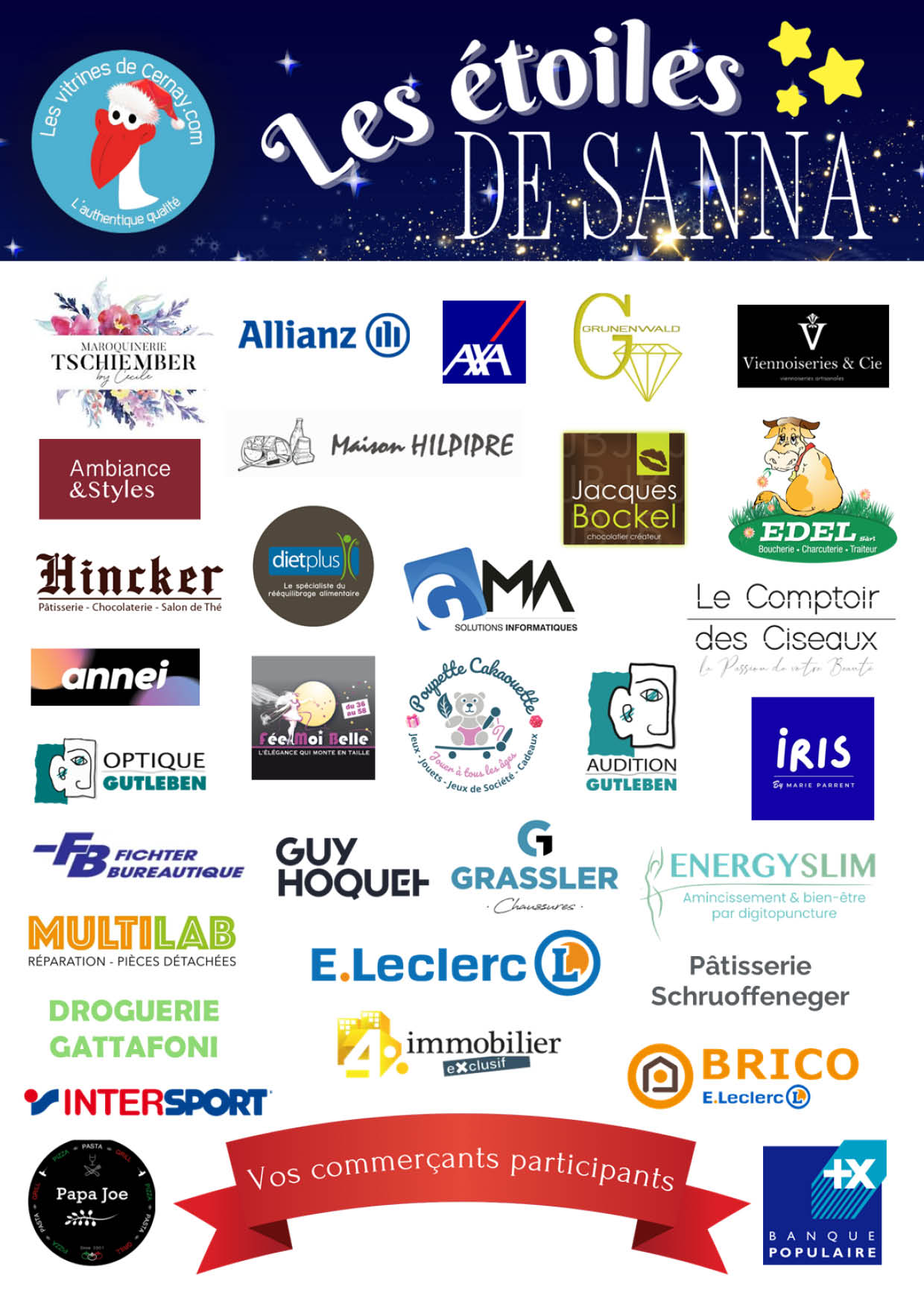 Les étoiles de Cernay - Les vitrines de Cernay.com 2025 On y voit un chalet de Noël entouré de sapins décorés sur de la neige.