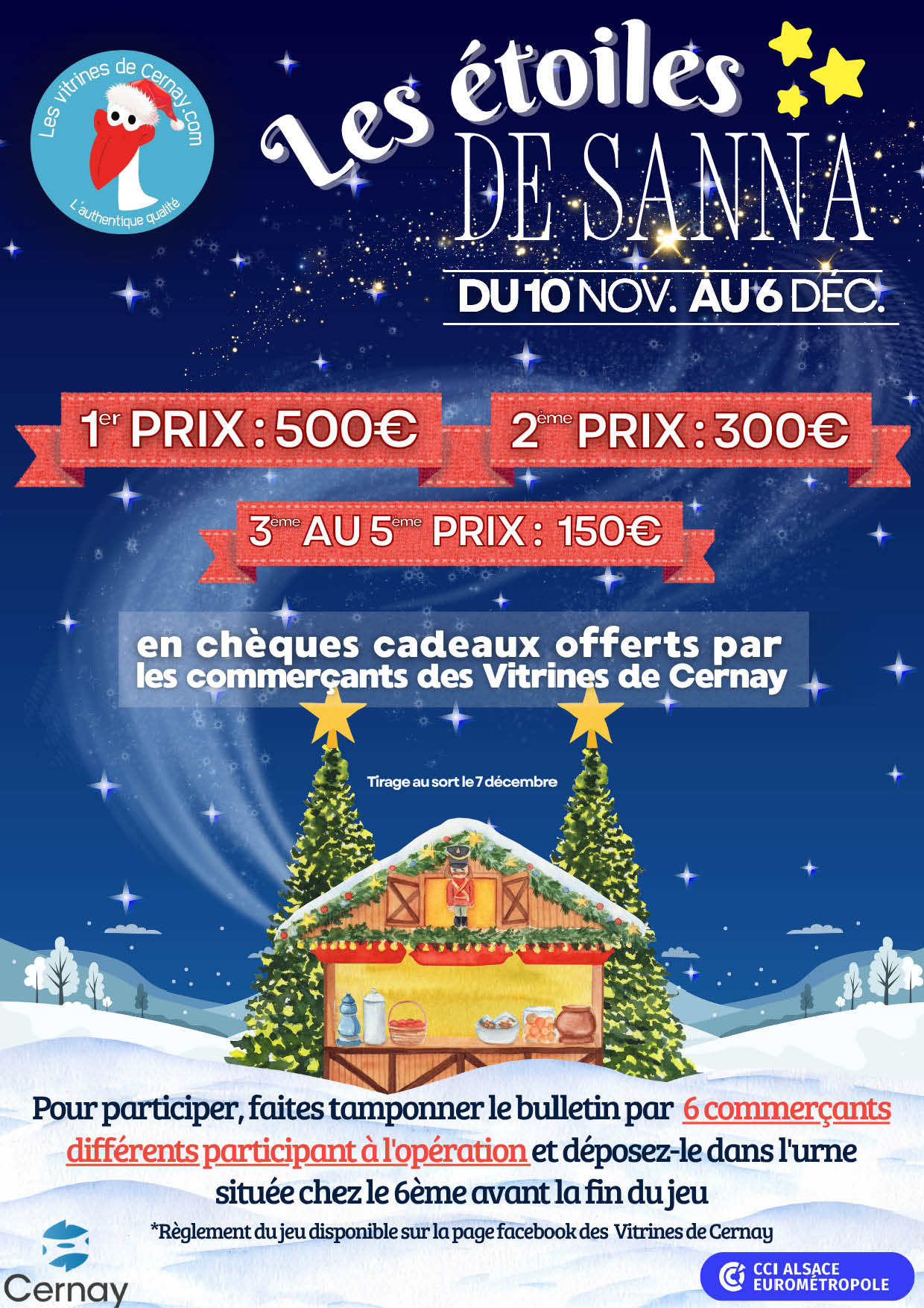 Les étoiles de Sanna 2025 avec Les Vitrines de Cernay.com On y voit un chalet de Noël entouré de sapins décorés sur de la neige.