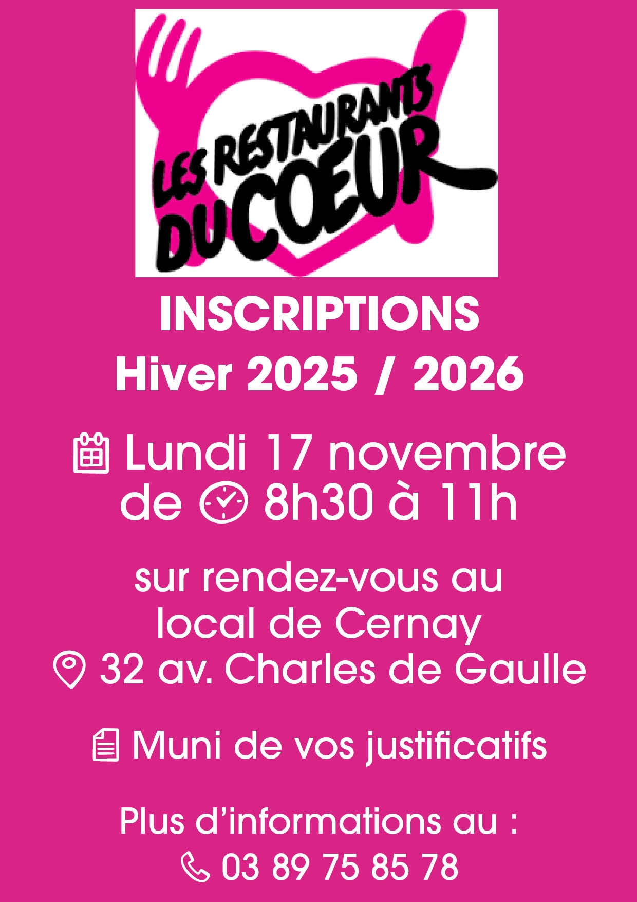 On y voit le logo des Restaurants du Coeur, un coeur rose entouré d'une fourchette et d'un couteau