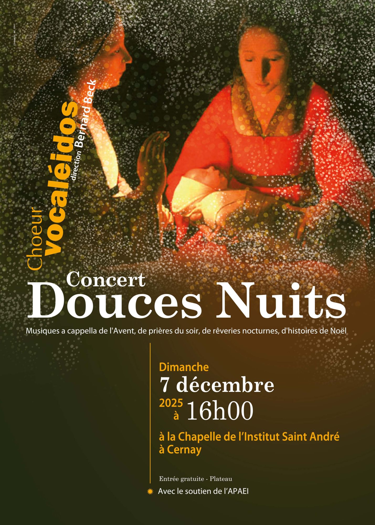 Concert Douces Nuits le 07/12/2025 à 16h à la chapelle de l'Institut Saint André On y voit deux femmes dont une a un bébé dans les bras en mode tableau ancien