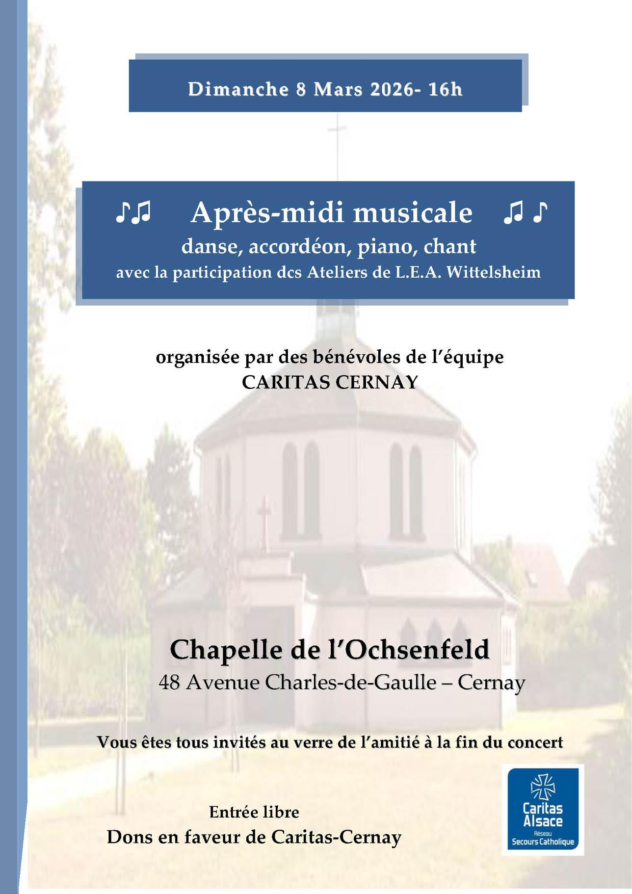 Après-midi musicale à la chappelle de l'Ochsenfeld au profit de Caritas le 08-03-26 à 16h On y voit la photo de la Chapelle de l'Ochsenfeld à Cernay