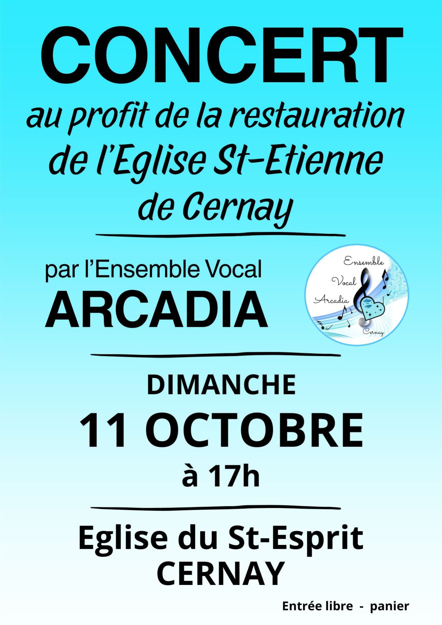 Concert d'ARCADIA le 11-10-26 à l'église Saint Esprit à 17h à Cernay On y voit le logo de l'ensemble vocal ARCRADIA avec une partition, des notes de musiques et un coeur