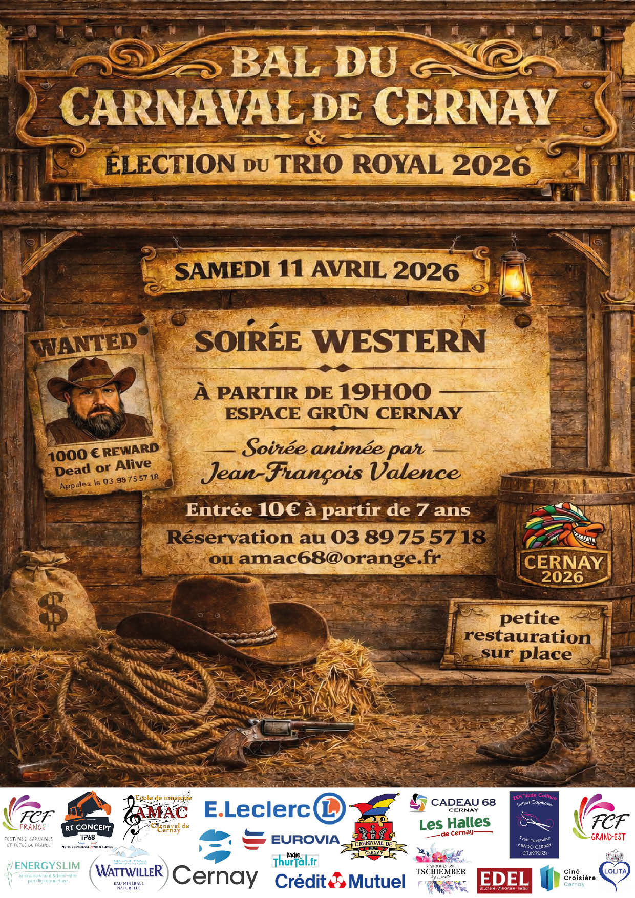 Bal du carnaval à l'espace Grün - le 11-04-26 à partir de 19h avec l'AMAC On y voit un mur de saloon avec un chapeau de Cowboy, un lasso, un tonneau, des bottes, un pistolet et une affiche WANTED avec une tête de cowboy