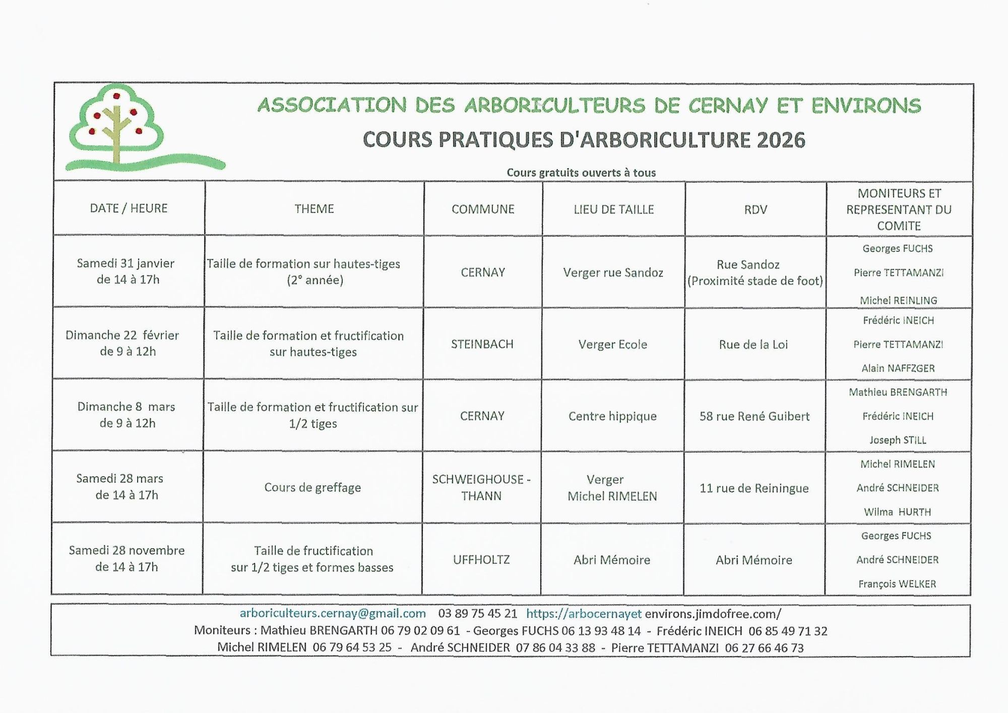 Porgramme 2026 des tailles avec Lea Arboriculteurs de cernay et Environs