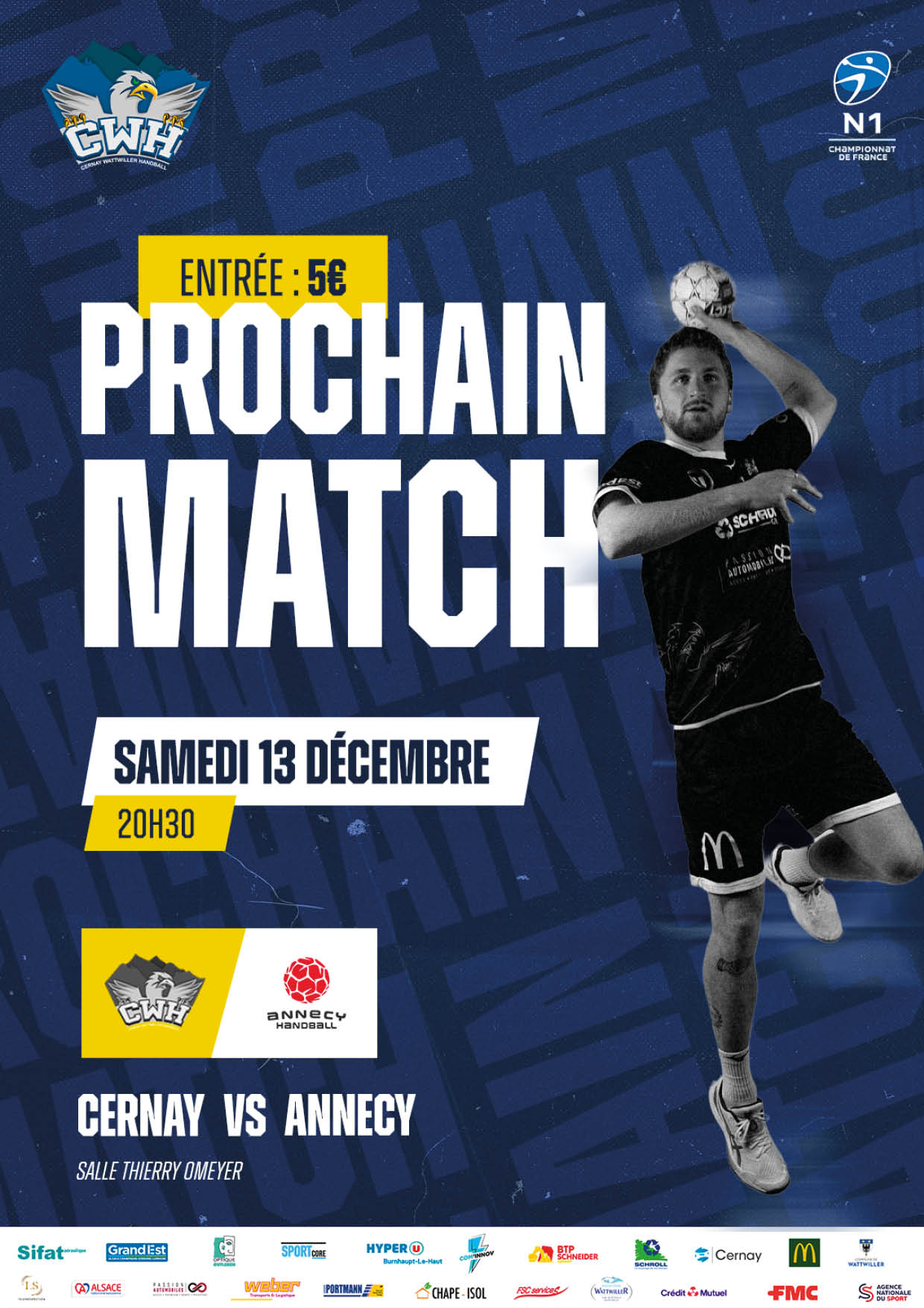 On y voit un joueur de handball en position en l'air avant de shooter