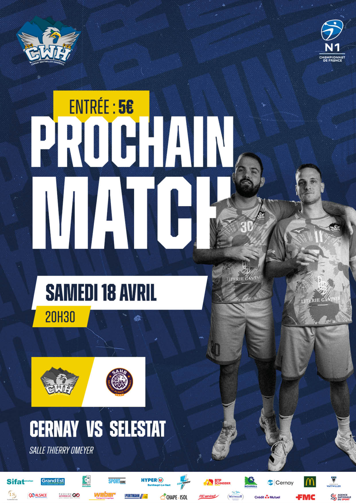 On y voit deux joueurs de handball qui se tiennent par les &eacute;paules