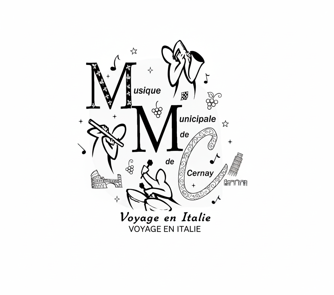 Concert de la Musique Municipale le 25-04-26 à l'Espace Grün de Cernay à 20h15 On y voit le logo de la Musique Municipale de Cernay avec des musiciens, des notes de musique et le colisé de Rome