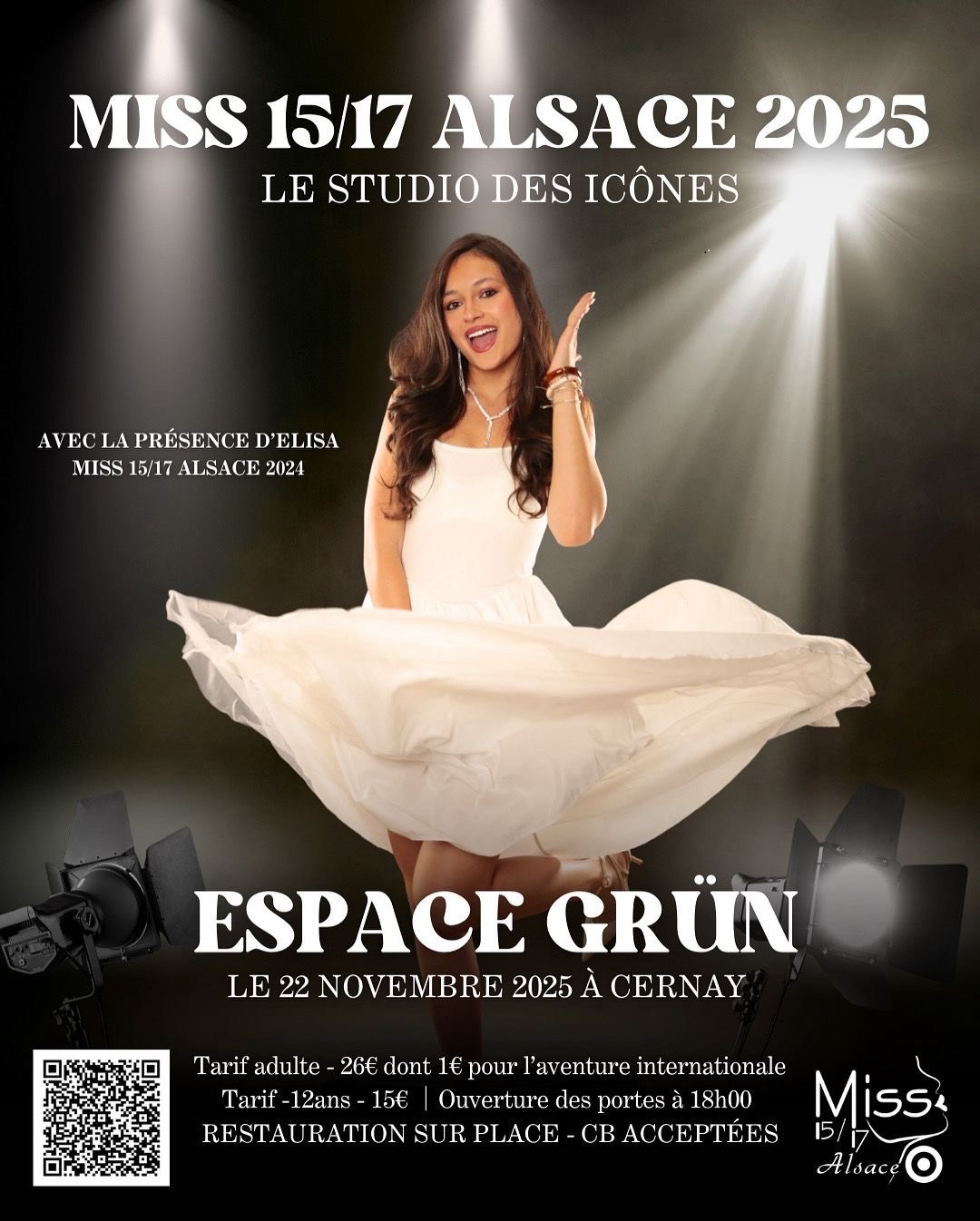 Election Miss 15-17 Alsace à l'espace Grün de Cernay le 22-11-25 On y voit une jeune fille brune en robe blance de soirée
