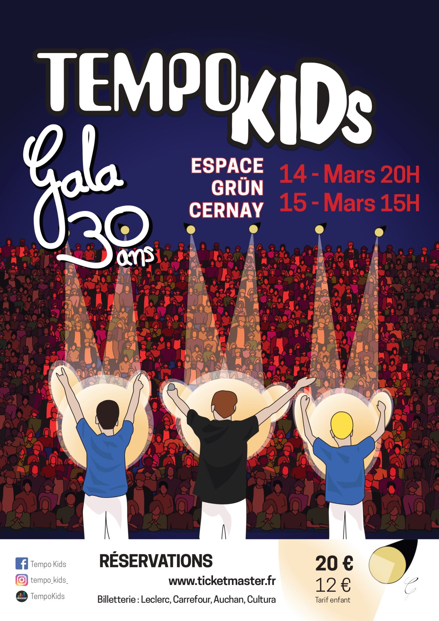 On y voit trois jeunes de dos sous des projecteurs sur une sc&egrave;ne