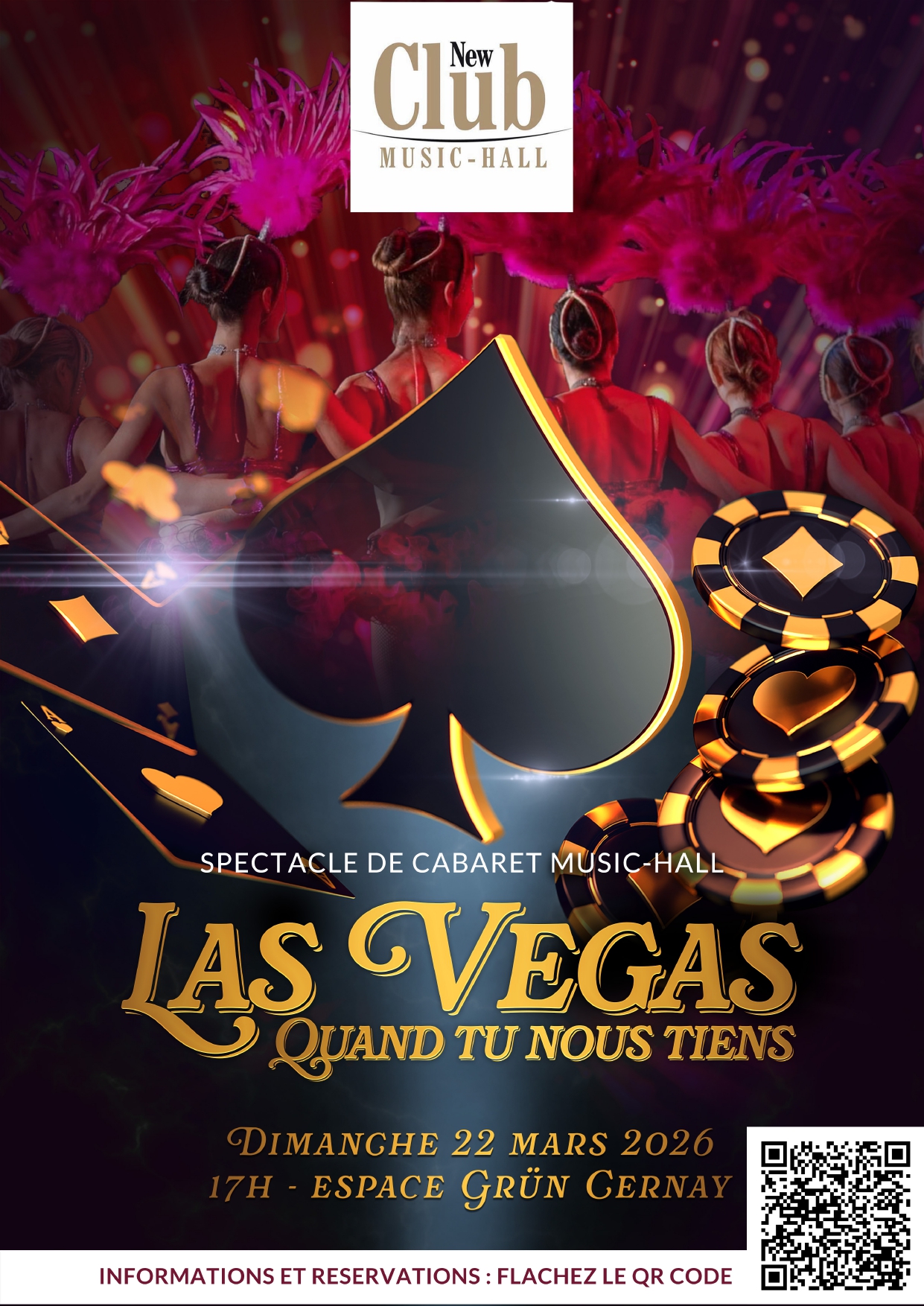 Spectacle Las vegas quand tu nous tiens - 22-03-26 à l'Espace Grün de Cernay On y voit des danseuses de cabaret à plume de dos, des jetons de casinos, un pique de carte à jouer